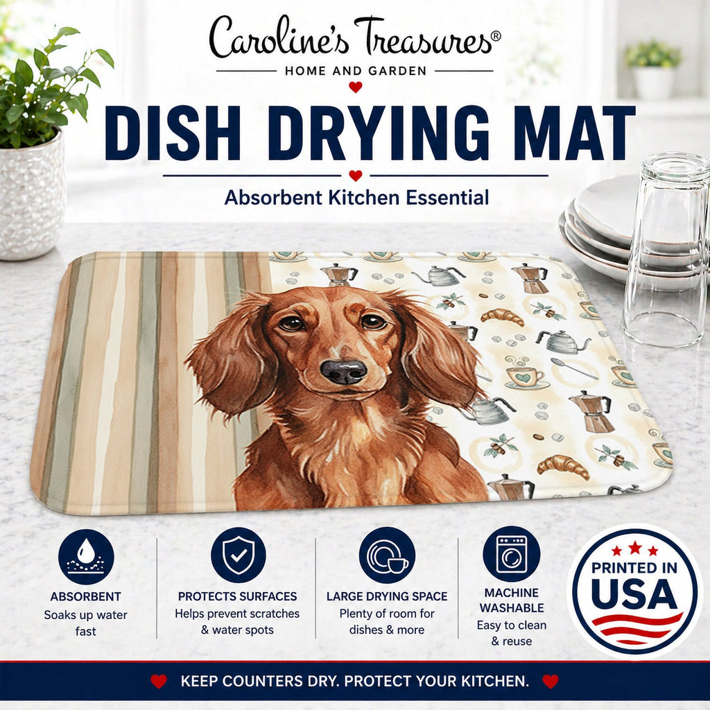 Longhaired Red Dachshund Coffee Bar Dish Drying Mat Absorbent Dish Drying Mat Pad for Kitchen Counter Dish Drainer Mat for Countertop, 14 x 21", Multicolor
