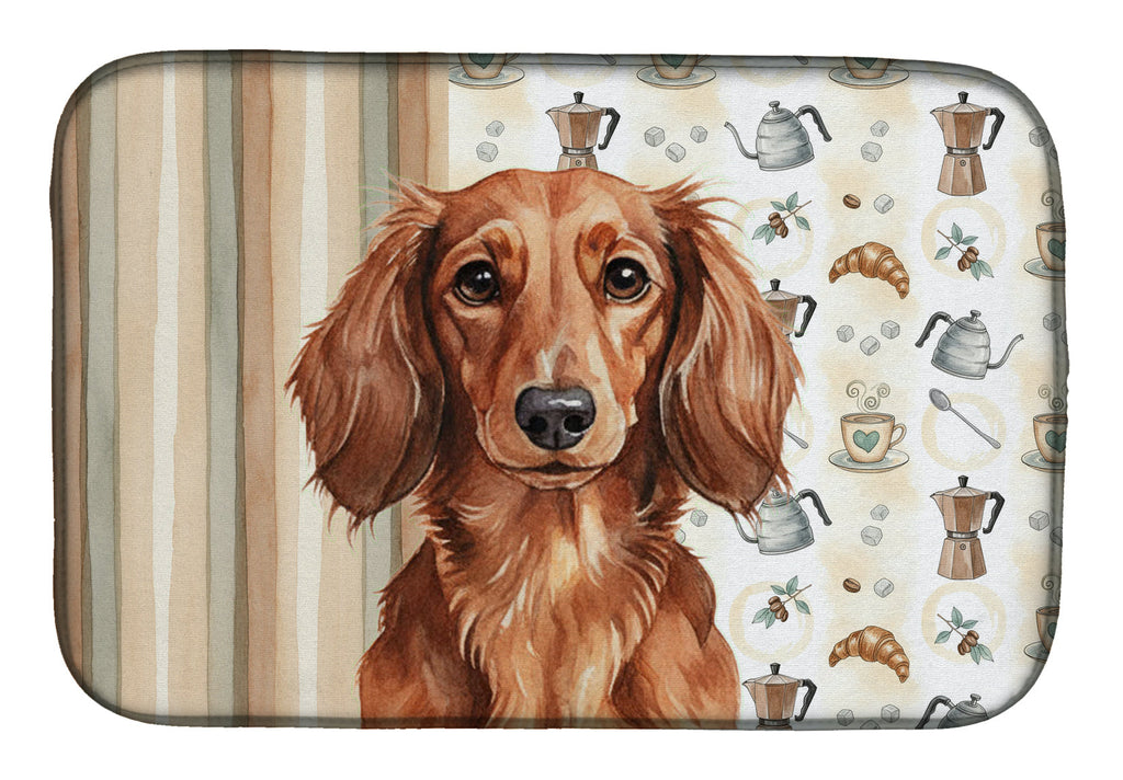 Longhaired Red Dachshund Coffee Bar Dish Drying Mat Absorbent Dish Drying Mat Pad for Kitchen Counter Dish Drainer Mat for Countertop, 14 x 21", Multicolor