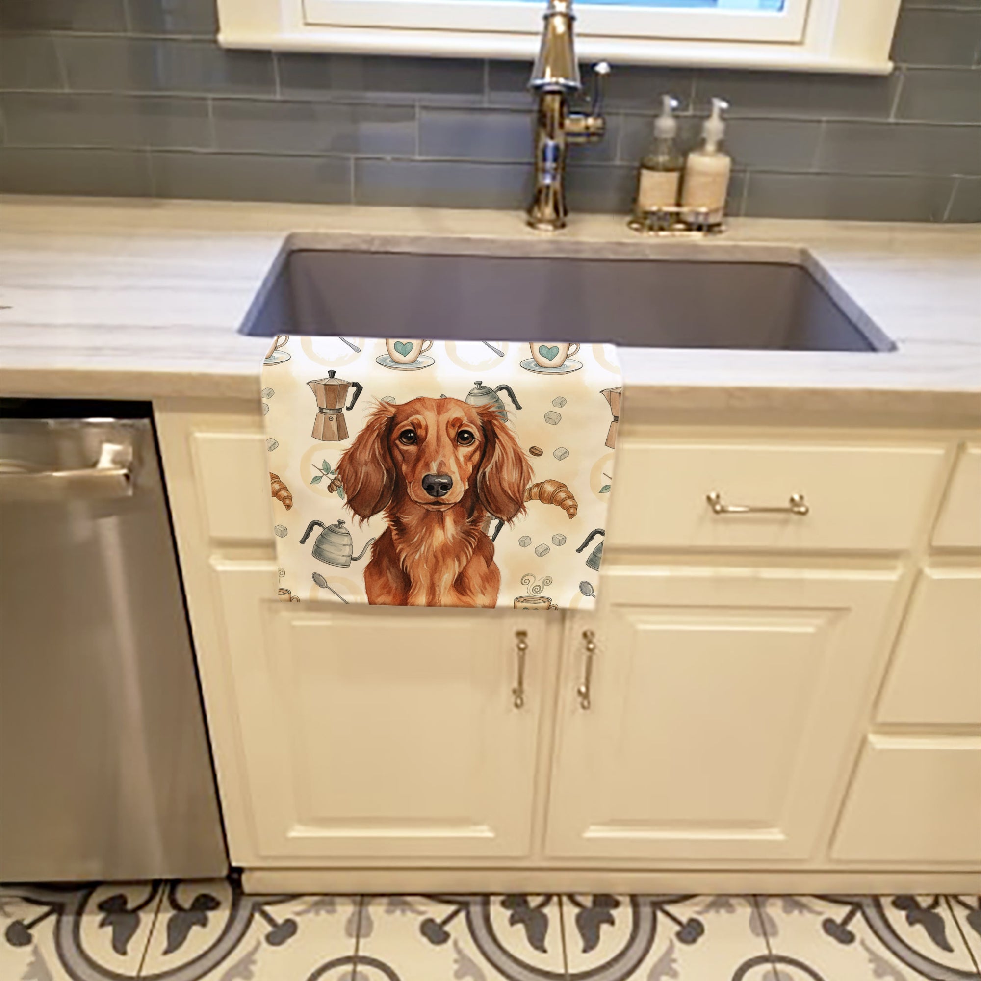 Longhaired Red Dachshund Coffee Bar Kitchen Towel Velour Plush Front and Cotton Loop Back Machine Washable