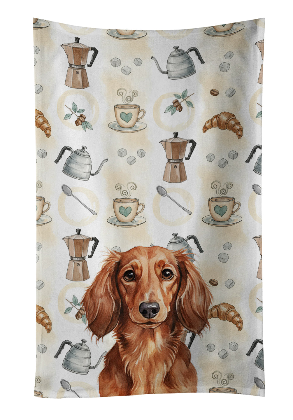 Longhaired Red Dachshund Coffee Bar Kitchen Towel Velour Plush Front and Cotton Loop Back Machine Washable