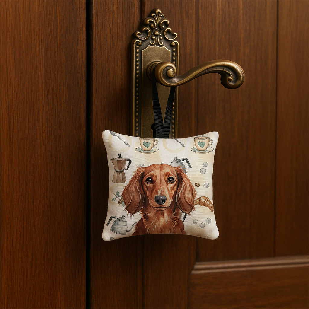 Longhaired Red Dachshund Coffee Bar Hanging Square Fabric Ornament 3.5 � 3.5 Decorative Door-Knob & Tree Hanger, Soft Fabric
