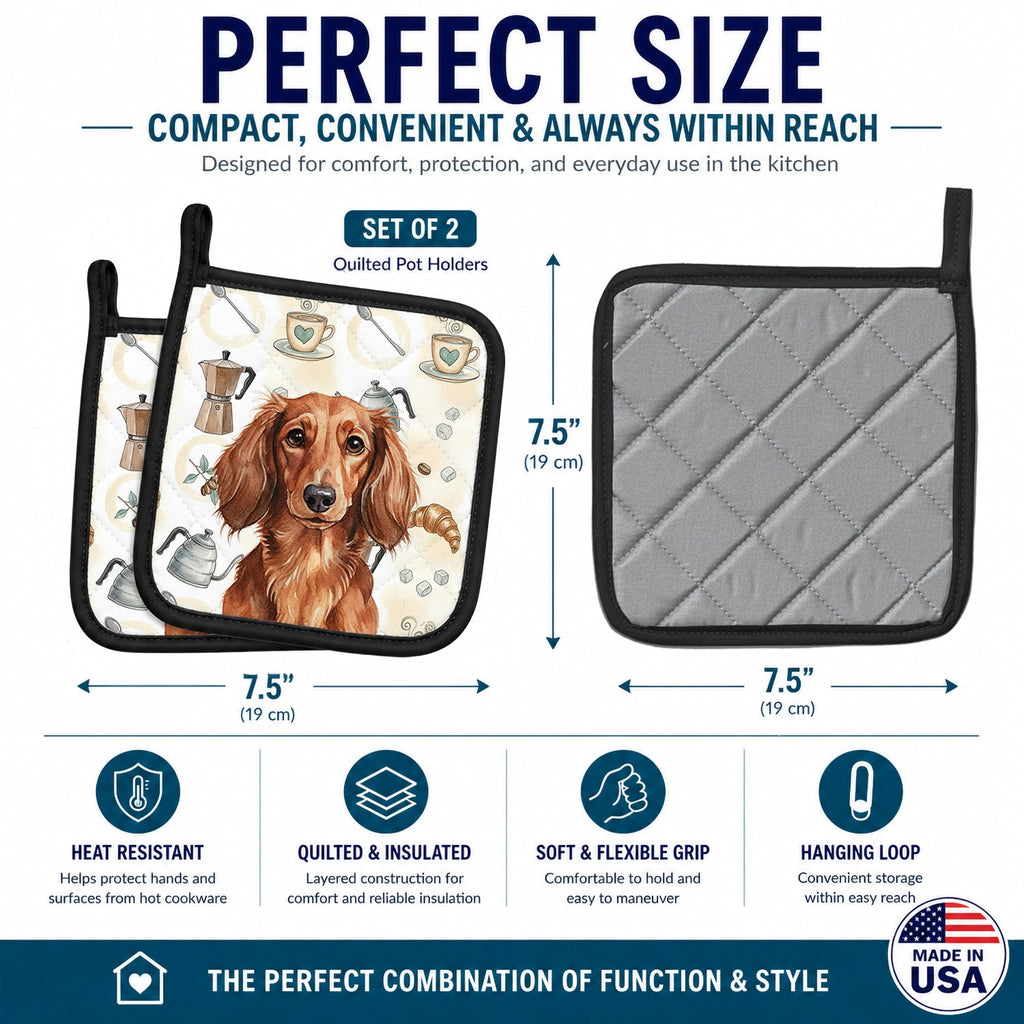 Longhaired Red Dachshund Coffee Bar Pot Holder Set of 2 Heat Resistant Quilted Hot Pads 7.5 x 7.5 Inch, Insulated Kitchen Trivets for Cooking & Baking