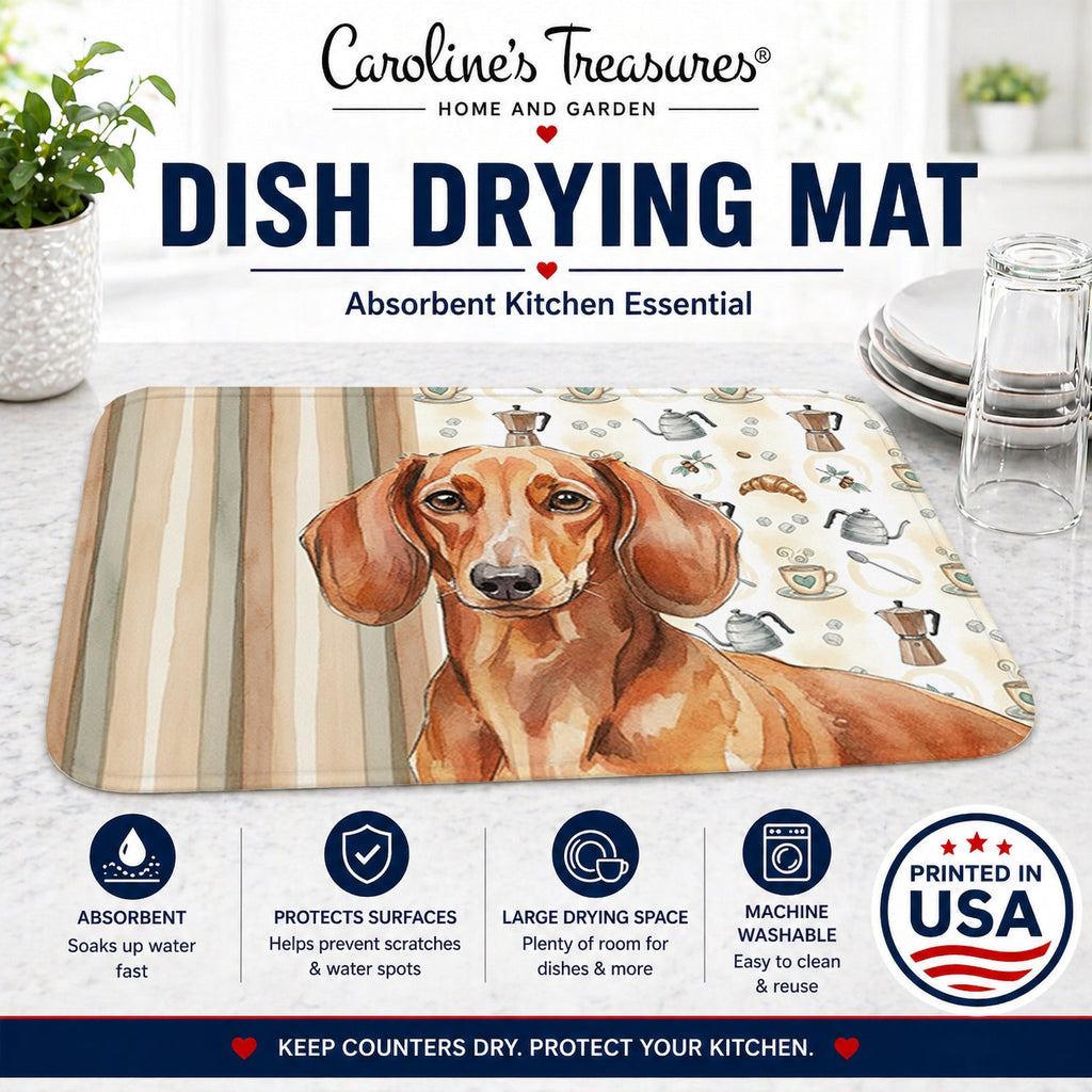 Red Brown Dachshund Coffee Bar Dish Drying Mat Absorbent Dish Drying Mat Pad for Kitchen Counter Dish Drainer Mat for Countertop, 14 x 21", Multicolor