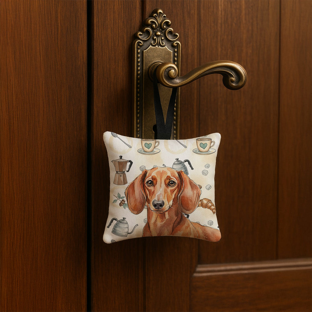 Red Brown Dachshund Coffee Bar Hanging Square Fabric Ornament 3.5 � 3.5 Decorative Door-Knob & Tree Hanger, Soft Fabric