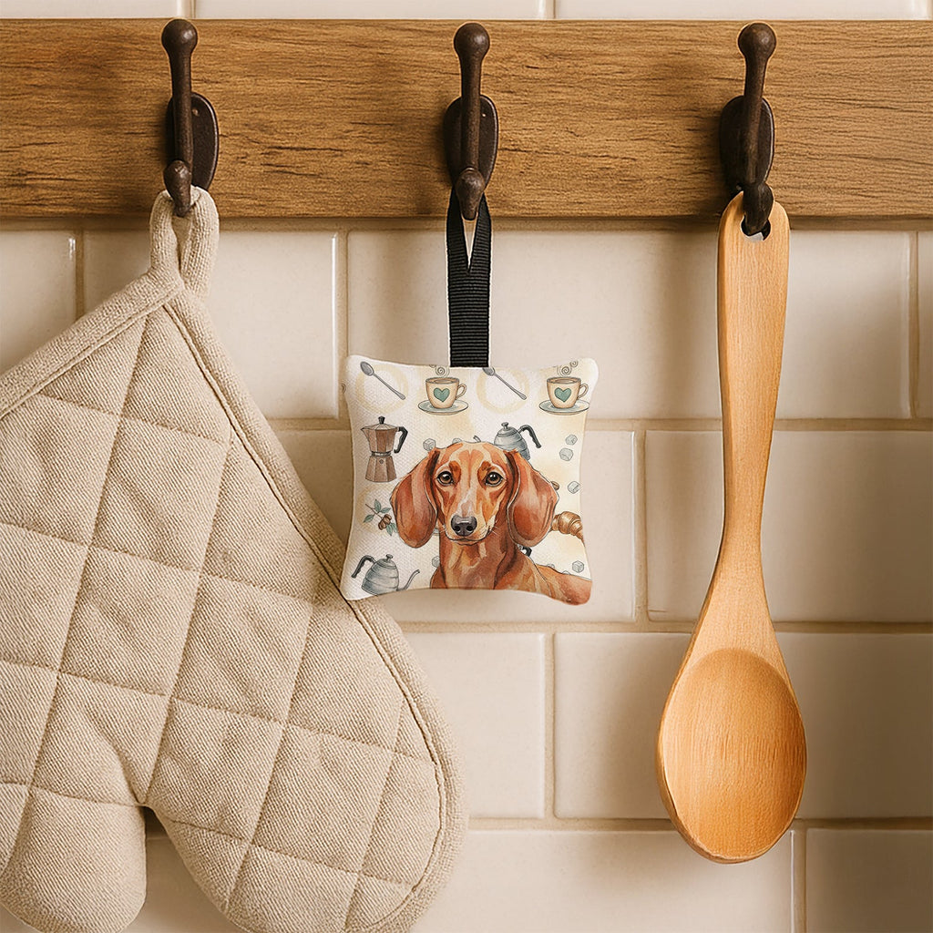 Red Brown Dachshund Coffee Bar Hanging Square Fabric Ornament 3.5 � 3.5 Decorative Door-Knob & Tree Hanger, Soft Fabric