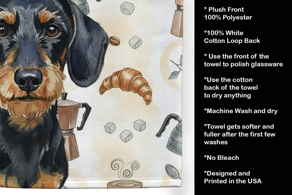 Wirehaired Black and Tan Dachshund Coffee Bar Kitchen Towel Velour Plush Front and Cotton Loop Back Machine Washable