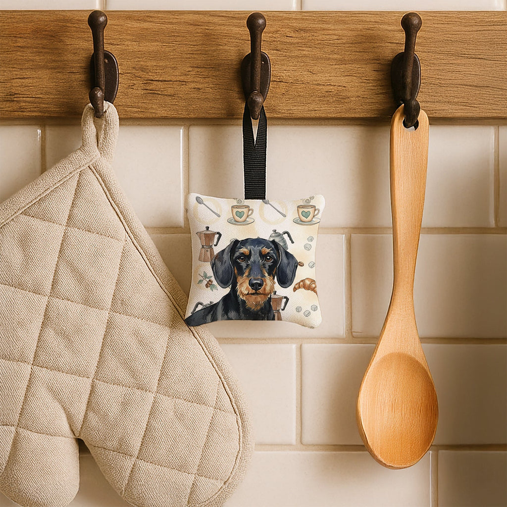 Wirehaired Black and Tan Dachshund Coffee Bar Hanging Square Fabric Ornament 3.5 � 3.5 Decorative Door-Knob & Tree Hanger, Soft Fabric