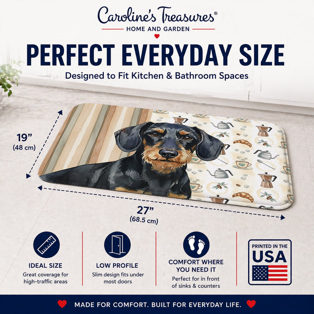 Wirehaired Black and Tan Dachshund Coffee Bar Memory Foam Kitchen Mat Machine Washable Anti-Fatigue Cushion Comfort Bath or Kitchen Rug