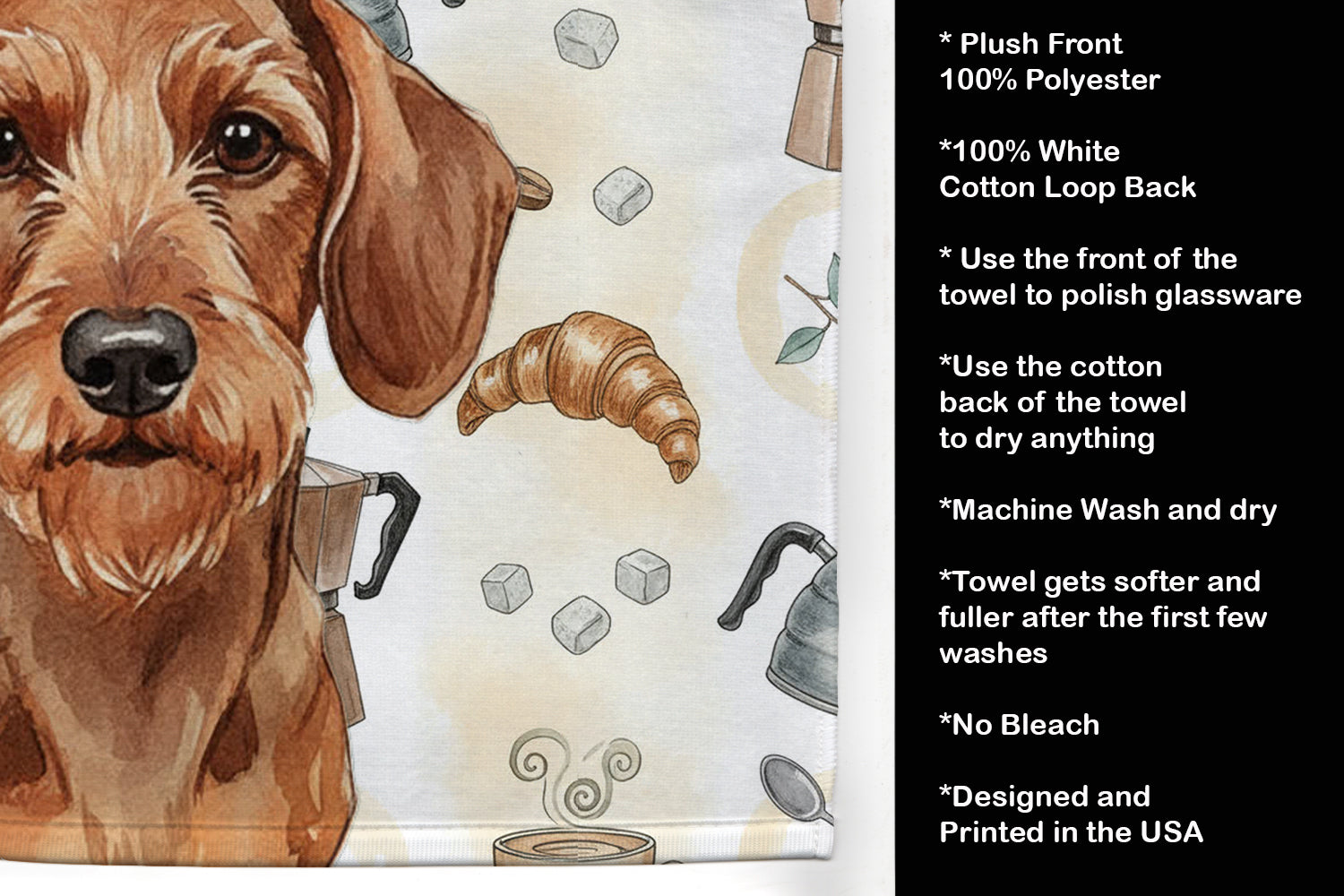 Wirehaired Red Dachshund Coffee Bar Kitchen Towel Velour Plush Front and Cotton Loop Back Machine Washable