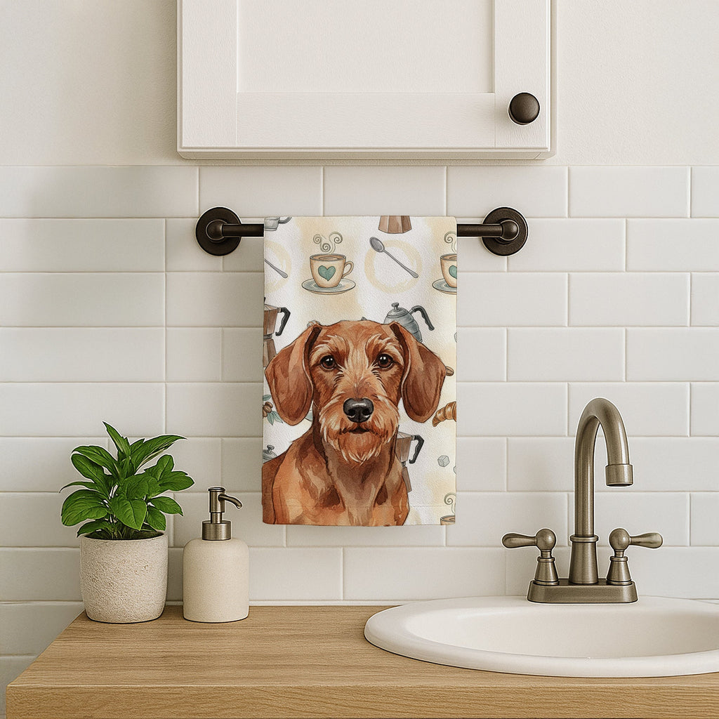 Wirehaired Red Dachshund Coffee Bar Kitchen Towel Velour Plush Front and Cotton Loop Back Machine Washable