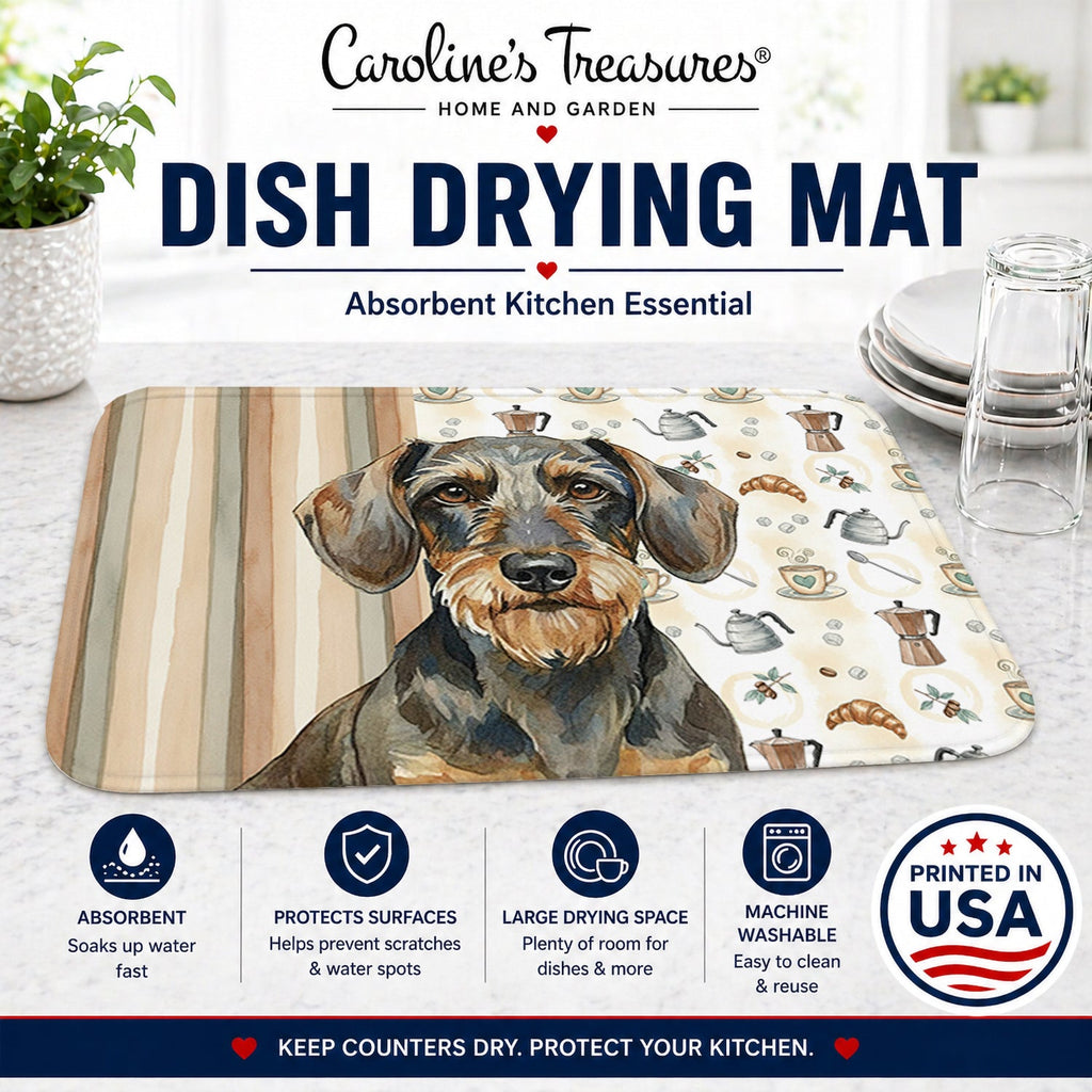 Wirehaired Wild Boar Dachshund Coffee Bar Dish Drying Mat Absorbent Dish Drying Mat Pad for Kitchen Counter Dish Drainer Mat for Countertop, 14 x 21", Multicolor