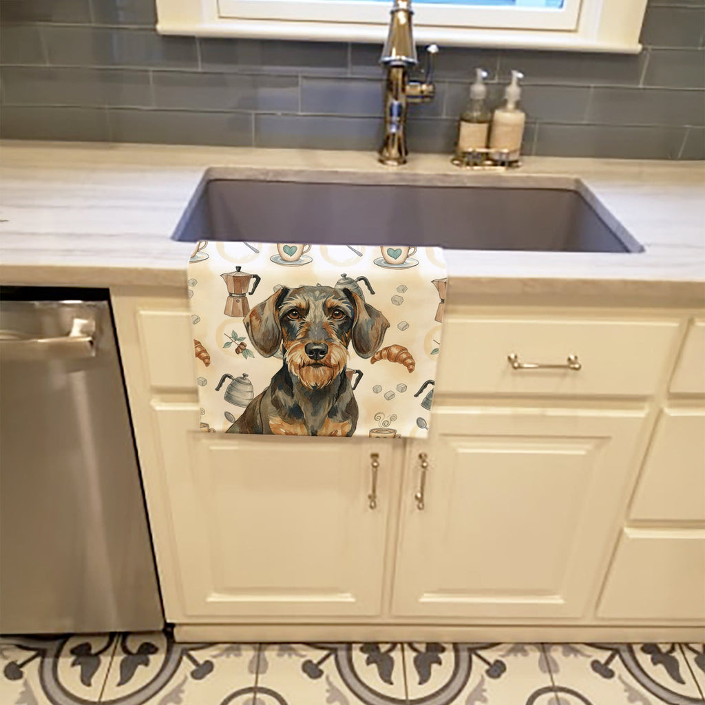 Wirehaired Wild Boar Dachshund Coffee Bar Kitchen Towel Velour Plush Front and Cotton Loop Back Machine Washable