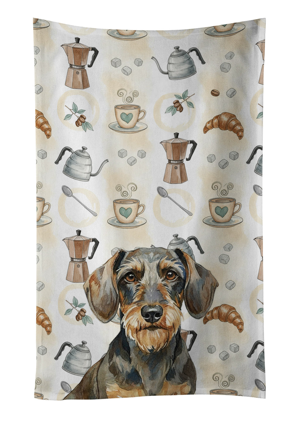 Wirehaired Wild Boar Dachshund Coffee Bar Kitchen Towel Velour Plush Front and Cotton Loop Back Machine Washable