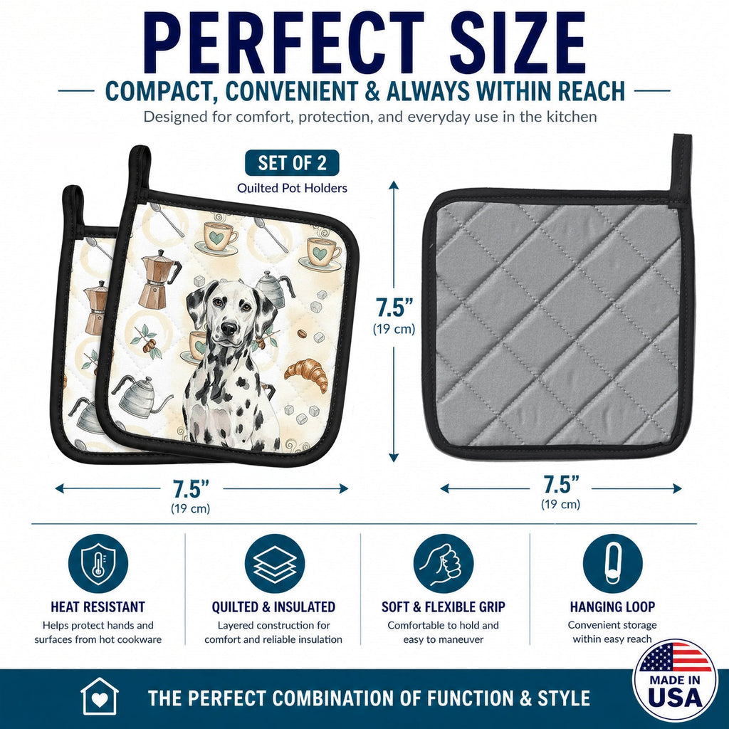 Dalmatian Coffee Bar Pot Holder Set of 2 Heat Resistant Quilted Hot Pads 7.5 x 7.5 Inch, Insulated Kitchen Trivets for Cooking & Baking