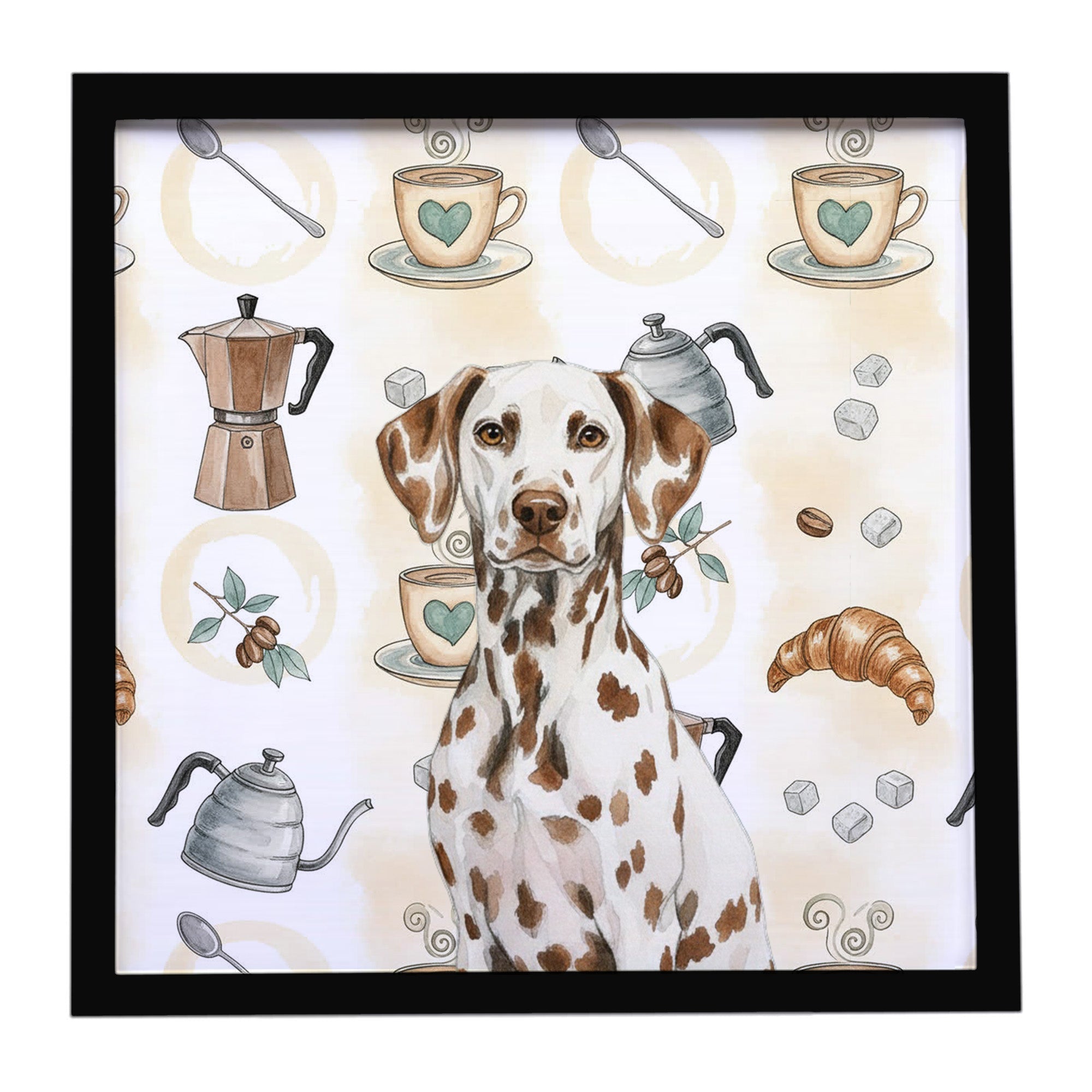 Liver Dalmatian Coffee Bar Framed Metal Print Bathroom, Kitchen, Office, Home Decor Wall Art Ready to Hang, Square, 8X8