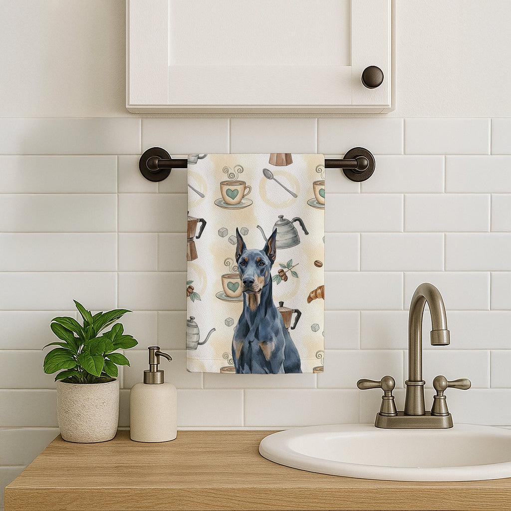 Blue Doberman Pinscher Coffee Bar Kitchen Towel Velour Plush Front and Cotton Loop Back Machine Washable