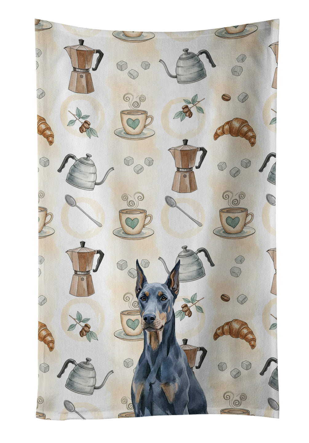 Blue Doberman Pinscher Coffee Bar Kitchen Towel Velour Plush Front and Cotton Loop Back Machine Washable