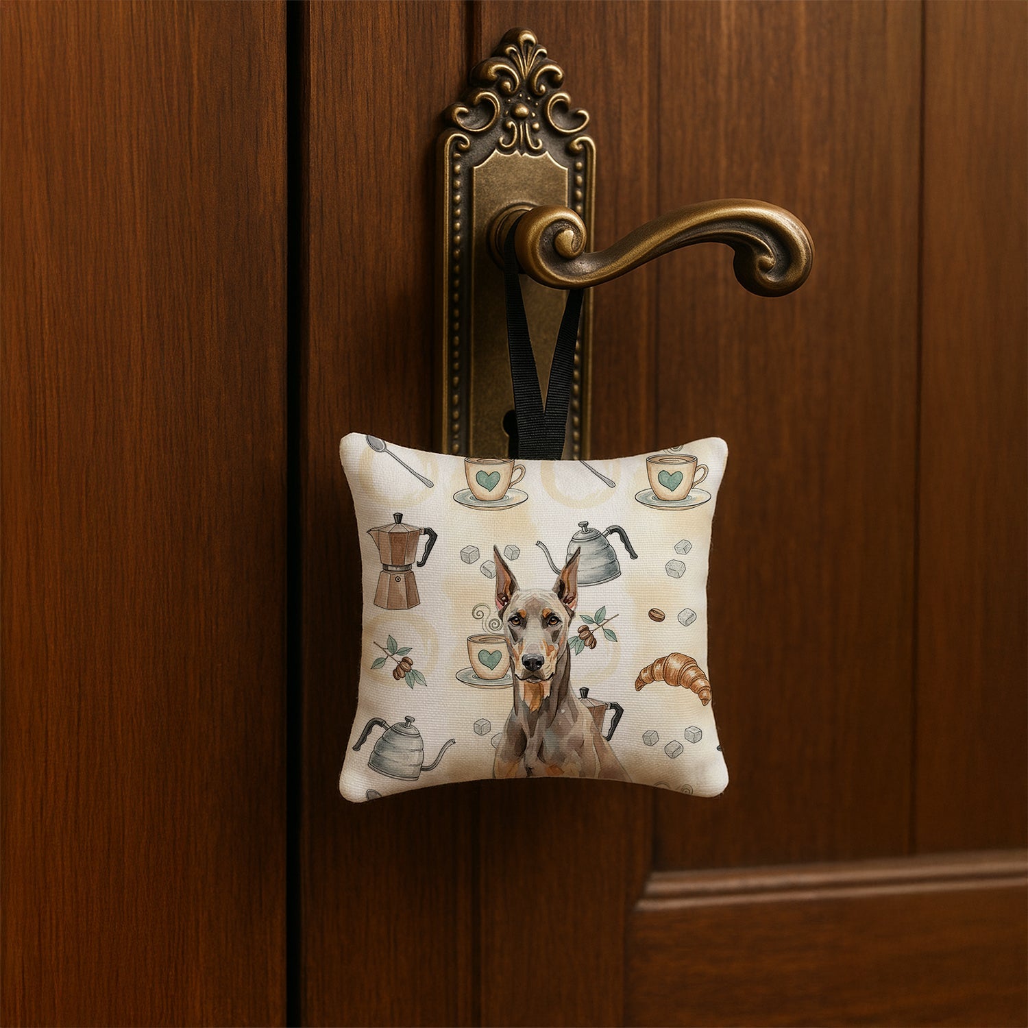 Fawn Doberman Pinscher Coffee Bar Hanging Square Fabric Ornament 3.5 � 3.5 Decorative Door-Knob & Tree Hanger, Soft Fabric