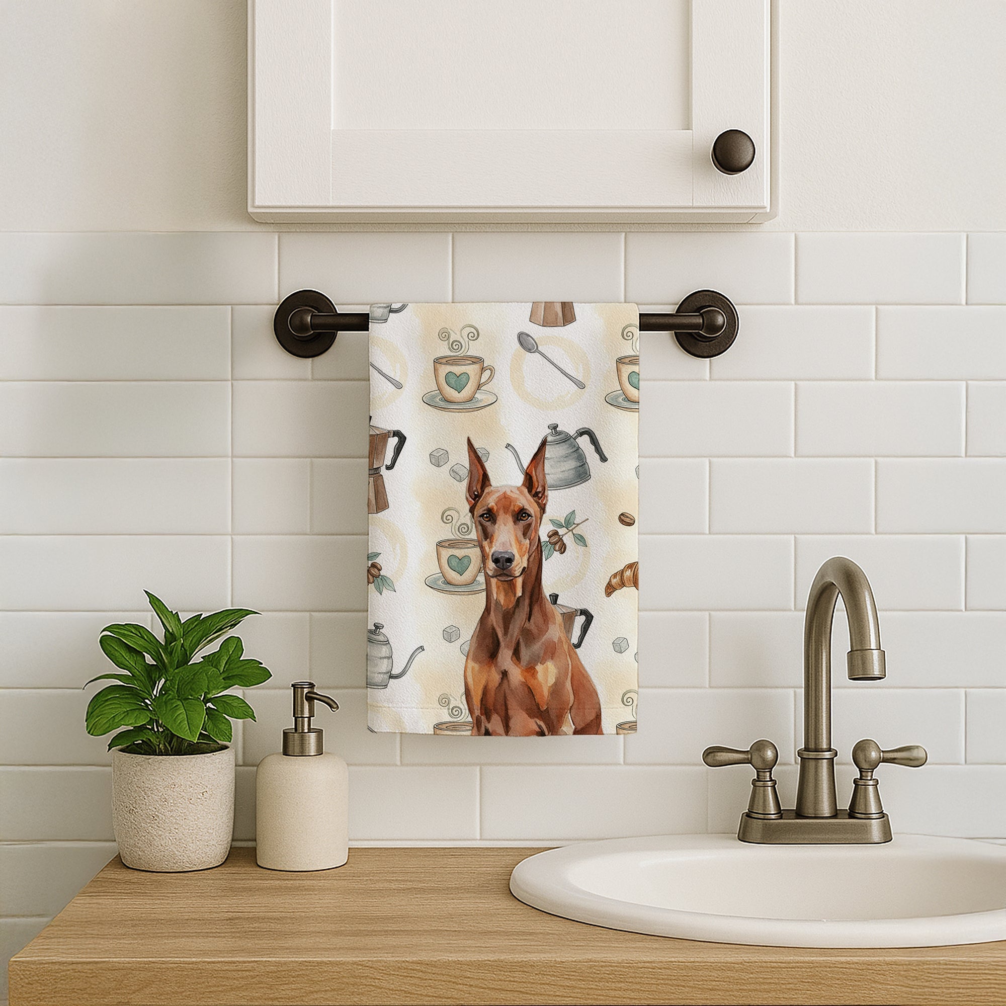 Red Doberman Pinscher Coffee Bar Kitchen Towel Velour Plush Front and Cotton Loop Back Machine Washable