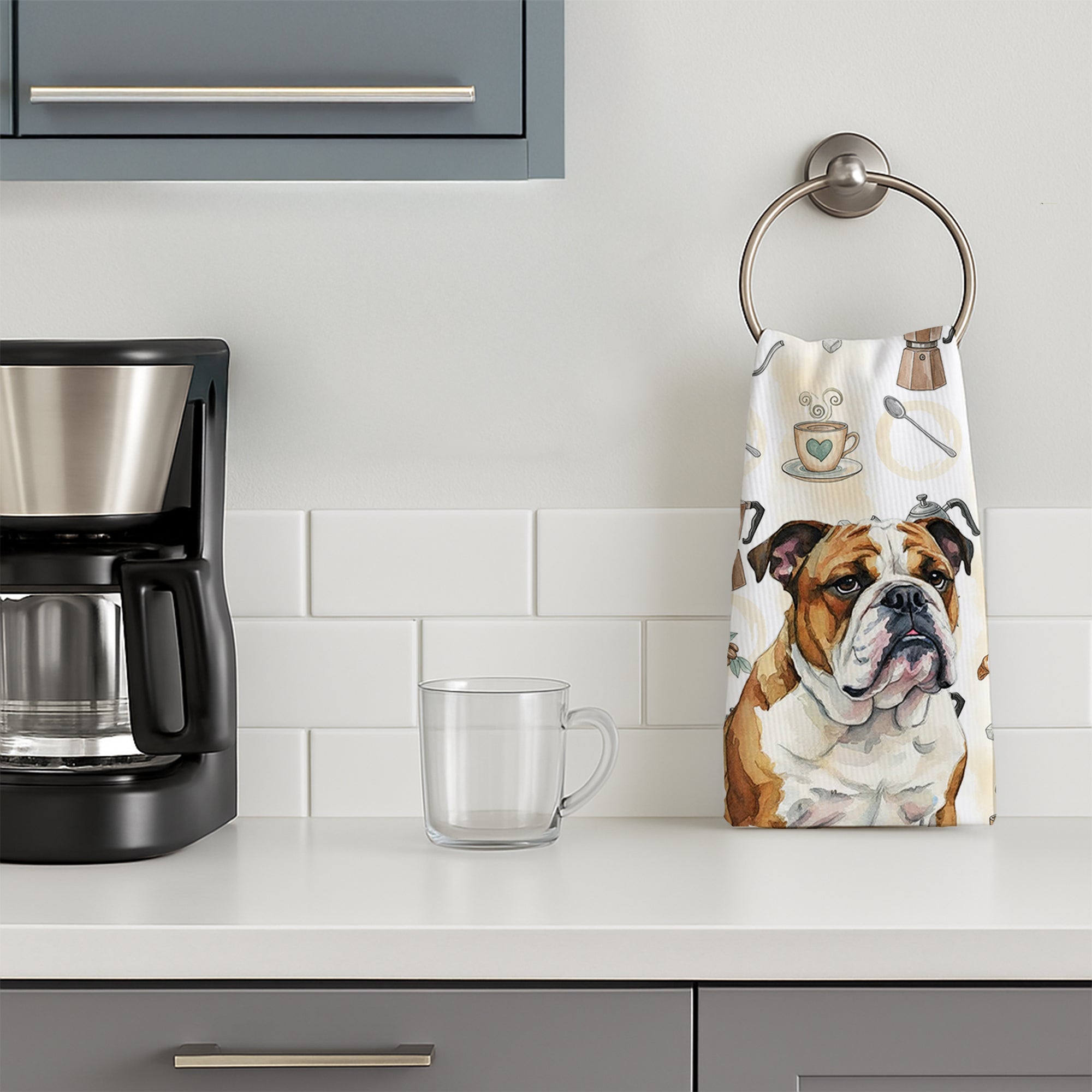 Brindle and White English Bulldog Coffee Bar Kitchen Towel Velour Plush Front and Cotton Loop Back Machine Washable