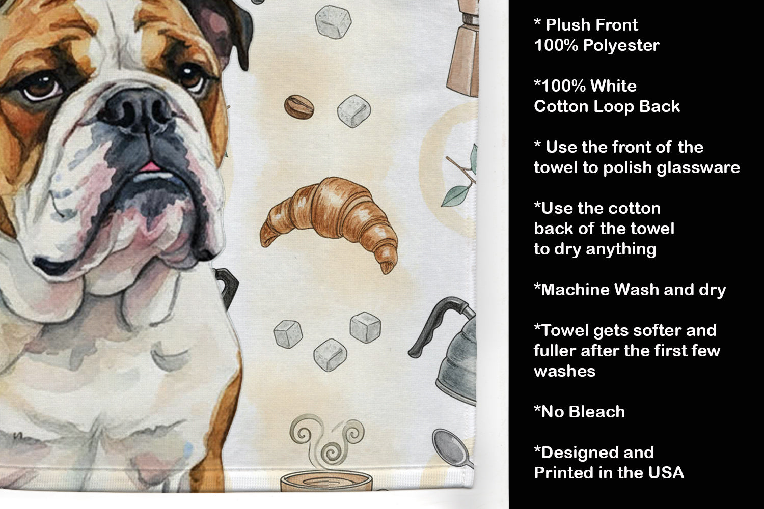 Brindle and White English Bulldog Coffee Bar Kitchen Towel Velour Plush Front and Cotton Loop Back Machine Washable
