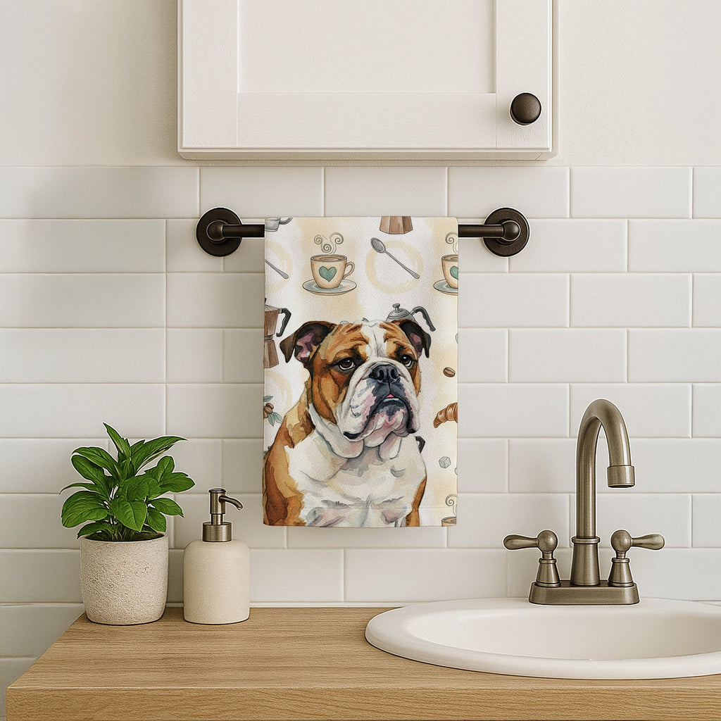 Brindle and White English Bulldog Coffee Bar Kitchen Towel Velour Plush Front and Cotton Loop Back Machine Washable