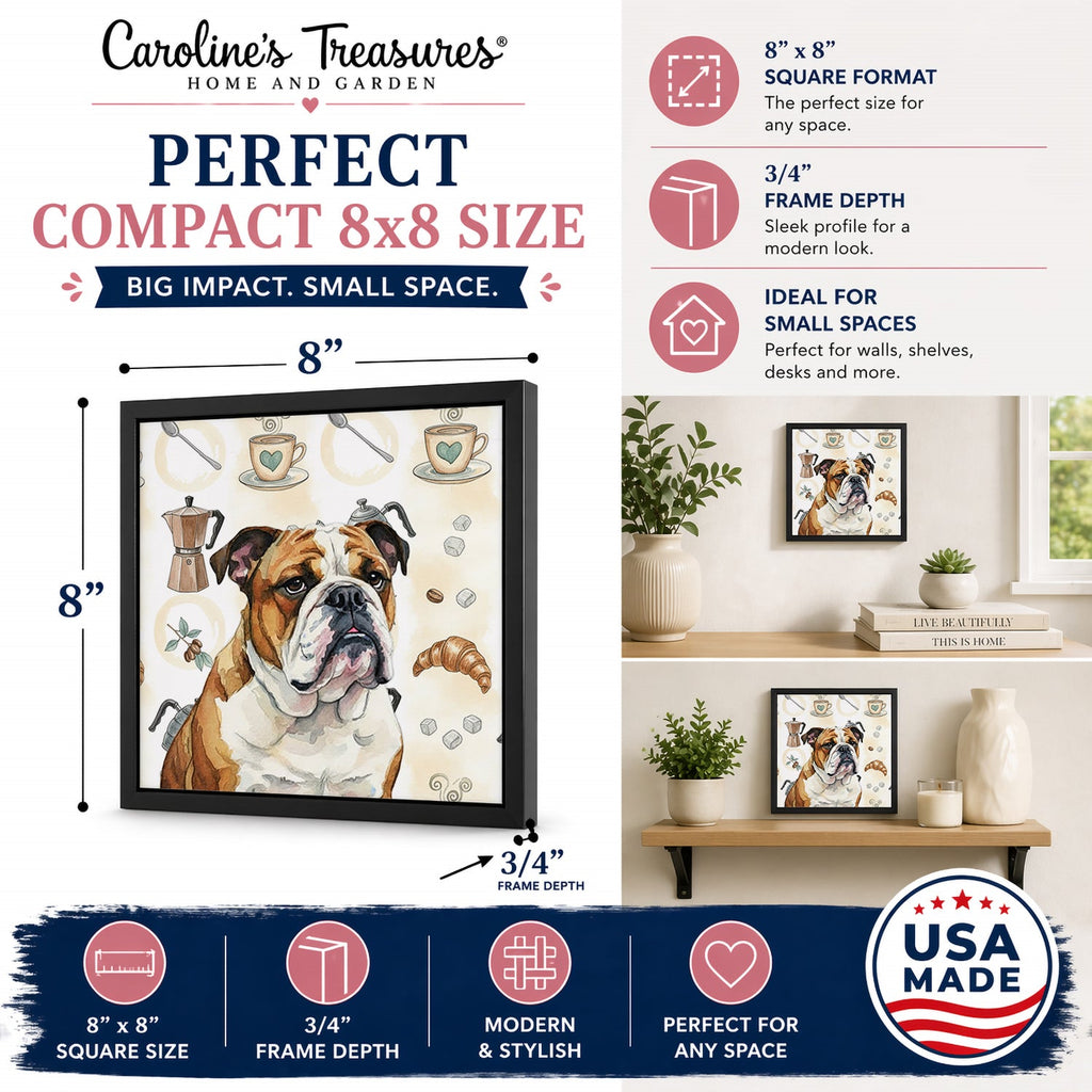 Brindle and White English Bulldog Coffee Bar Framed Metal Print Bathroom, Kitchen, Office, Home Decor Wall Art Ready to Hang, Square, 8X8