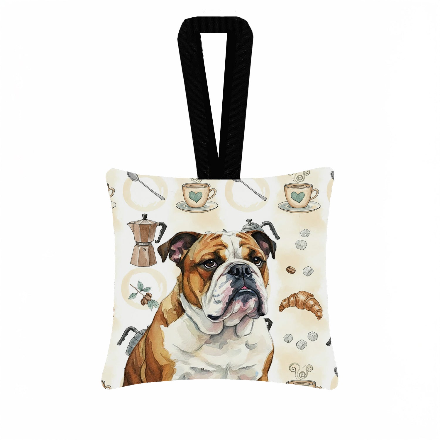 Brindle and White English Bulldog Coffee Bar Hanging Square Fabric Ornament 3.5 � 3.5 Decorative Door-Knob & Tree Hanger, Soft Fabric