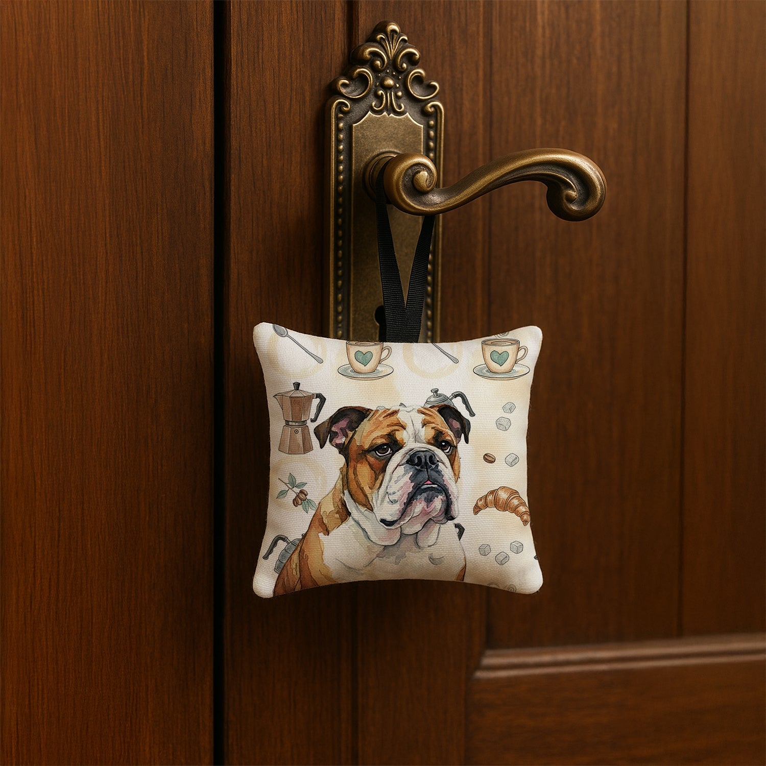 Brindle and White English Bulldog Coffee Bar Hanging Square Fabric Ornament 3.5 � 3.5 Decorative Door-Knob & Tree Hanger, Soft Fabric