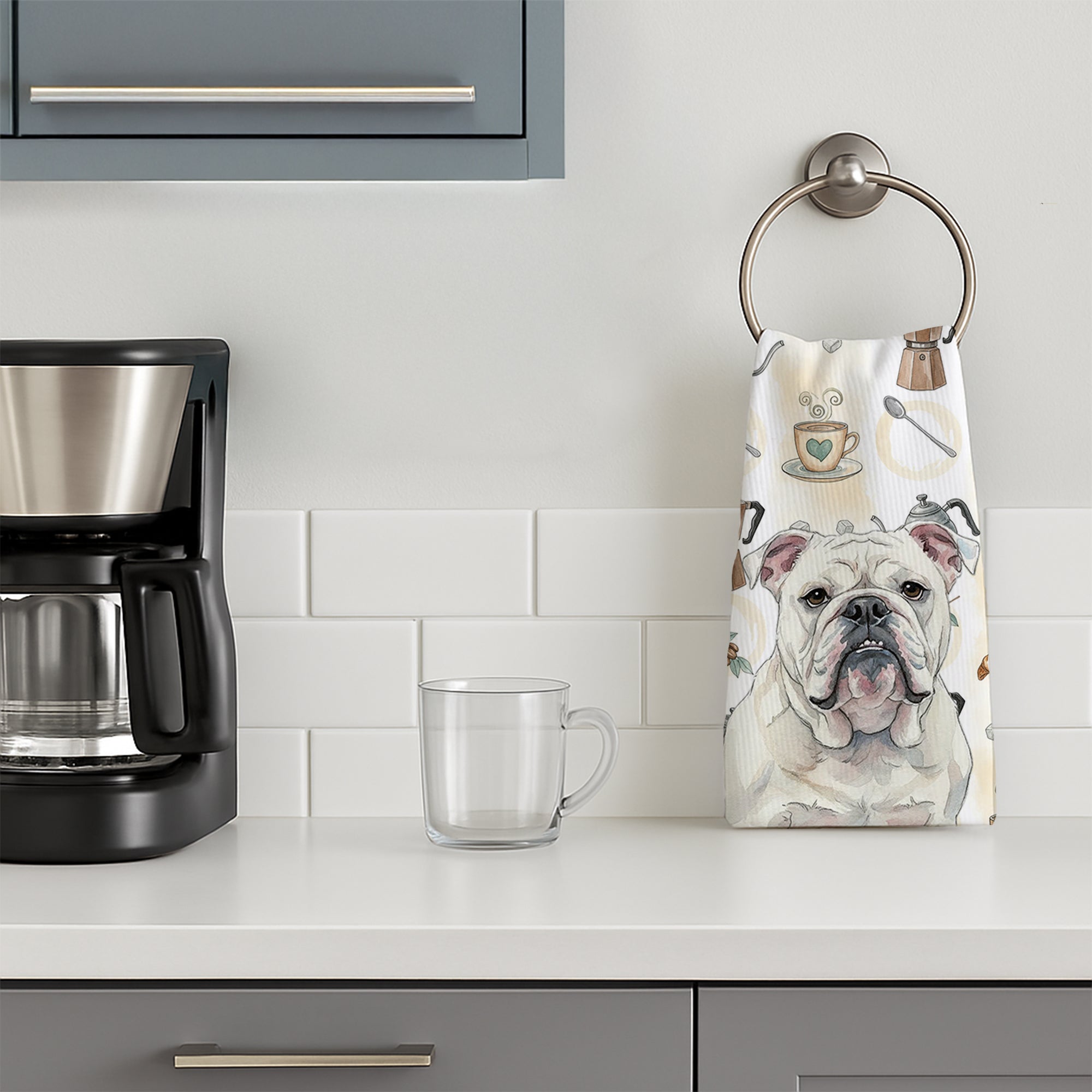 White English Bulldog Coffee Bar Kitchen Towel Velour Plush Front and Cotton Loop Back Machine Washable