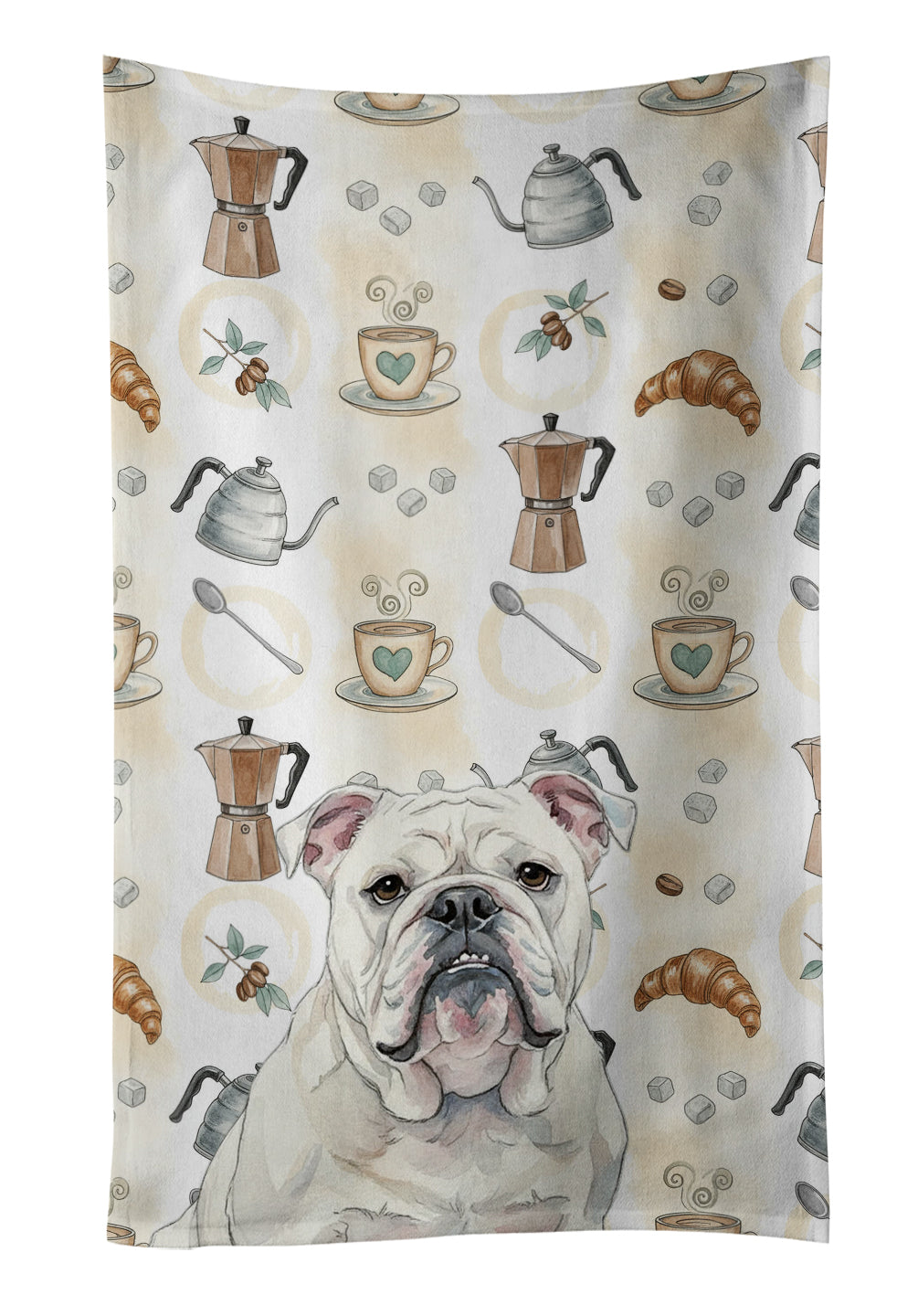 White English Bulldog Coffee Bar Kitchen Towel Velour Plush Front and Cotton Loop Back Machine Washable