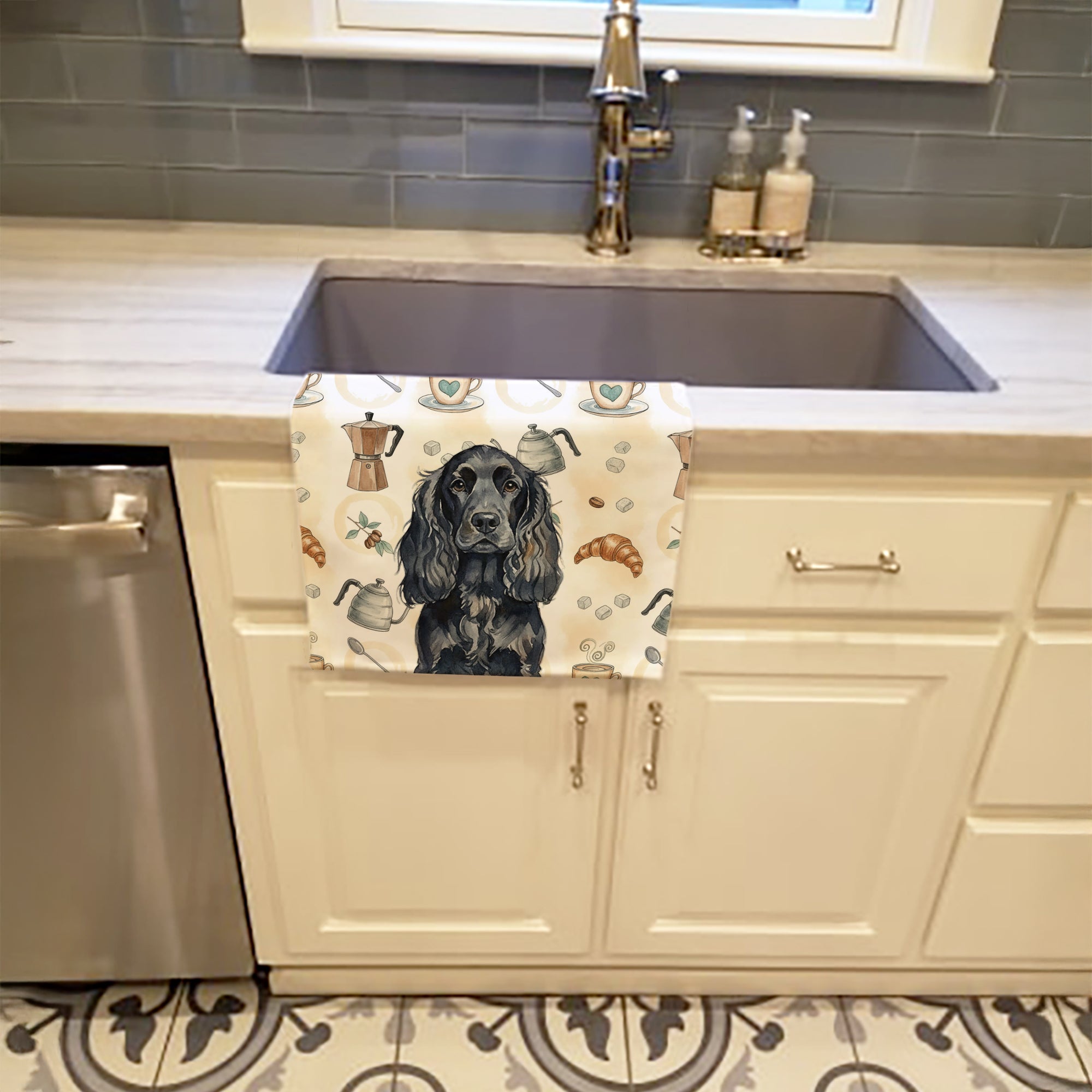 Black English Cocker Spaniel Coffee Bar Kitchen Towel Velour Plush Front and Cotton Loop Back Machine Washable