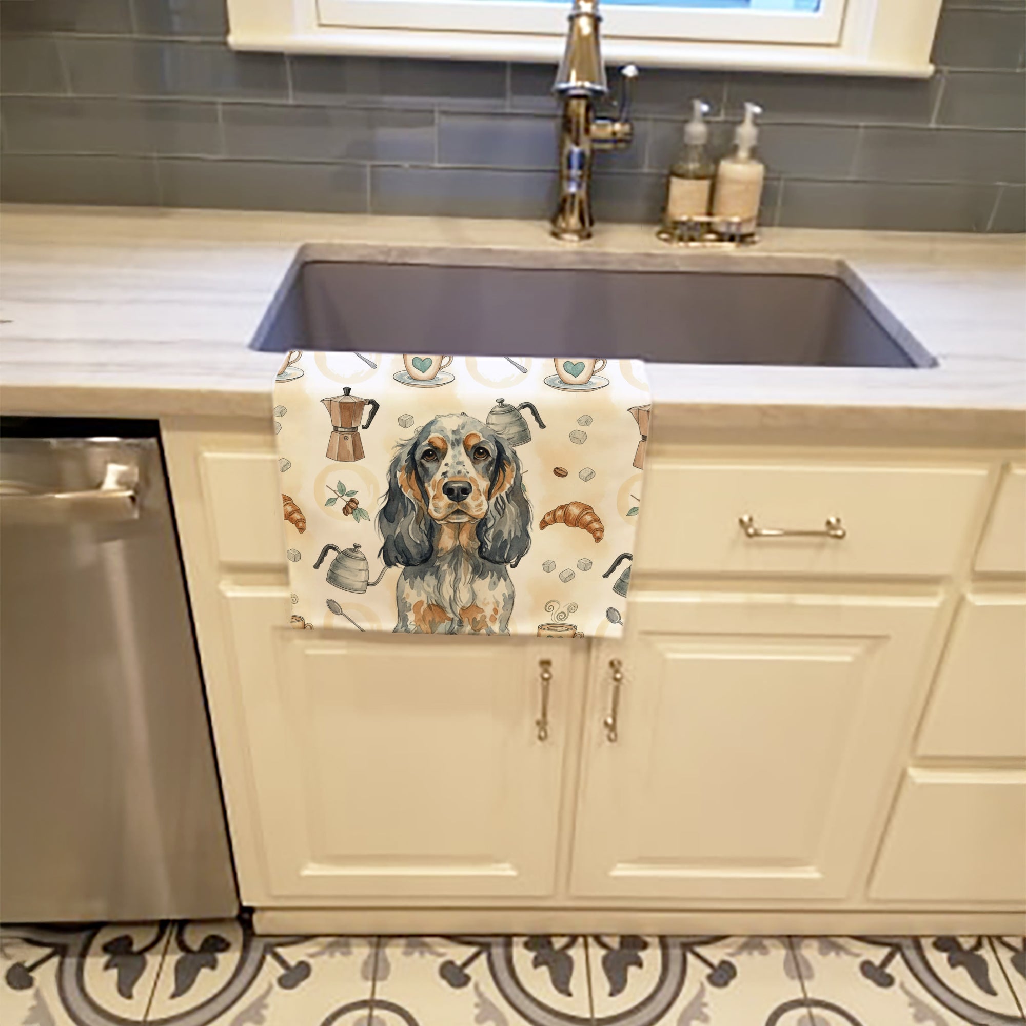 Blue Roan & Tan English Cocker Spaniel Coffee Bar Kitchen Towel Velour Plush Front and Cotton Loop Back Machine Washable