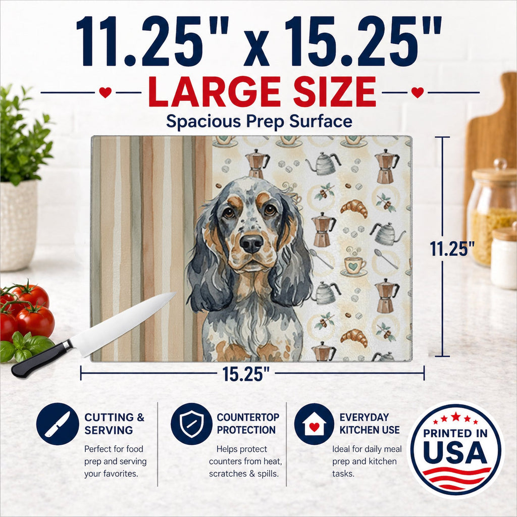 Blue Roan & Tan English Cocker Spaniel Coffee Bar Cutting Board Tempered Glass Kitchen Cutting Surface, Heat Resistant Chopping, Non-Slip Feet, Food Prep & Serving