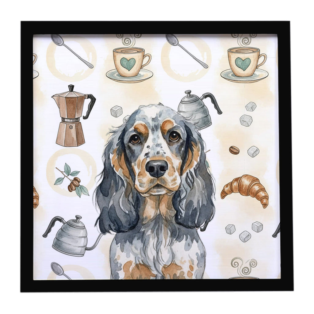 Blue Roan & Tan English Cocker Spaniel Coffee Bar Framed Metal Print Bathroom, Kitchen, Office, Home Decor Wall Art Ready to Hang, Square, 8X8