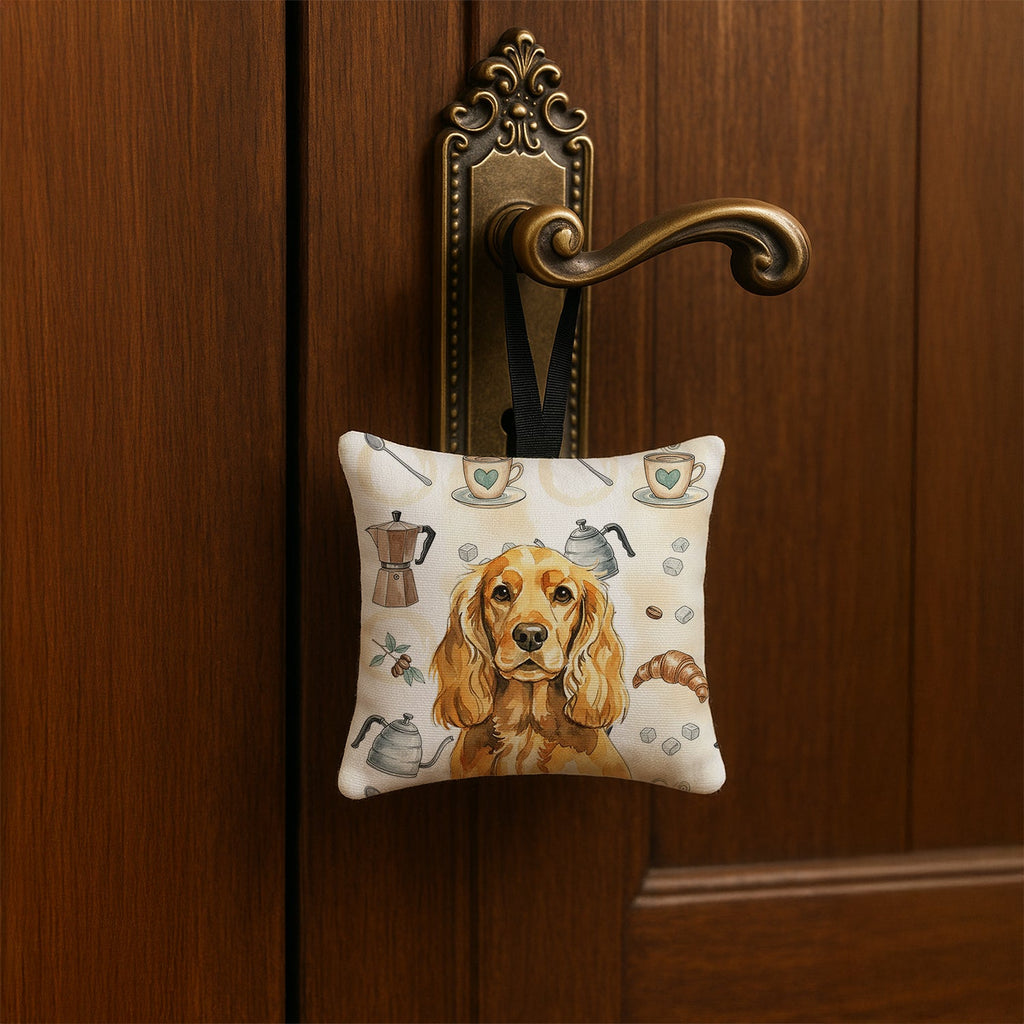 Golden English Cocker Spaniel Coffee Bar Hanging Square Fabric Ornament 3.5 � 3.5 Decorative Door-Knob & Tree Hanger, Soft Fabric