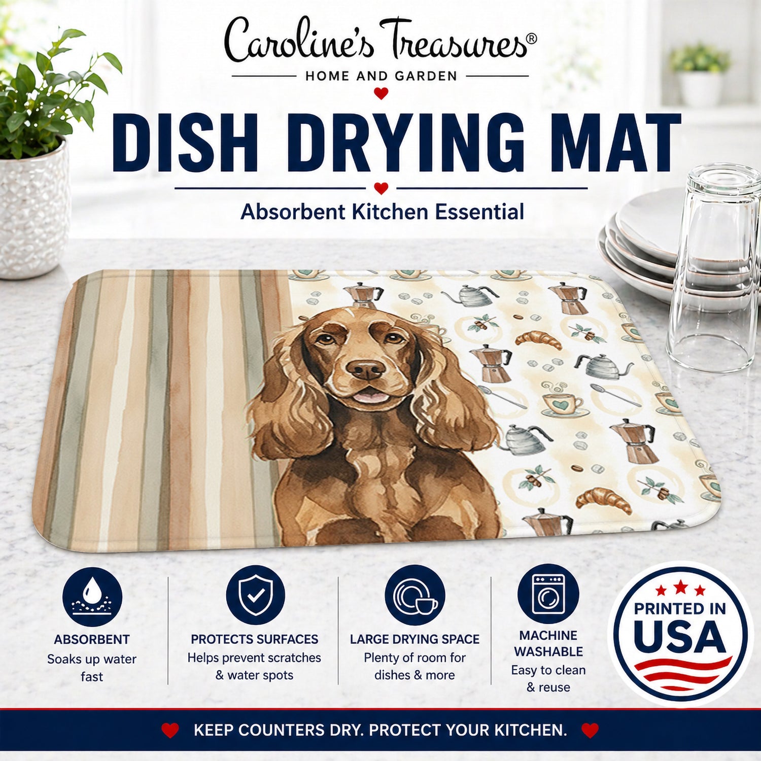 Liver English Cocker Spaniel Coffee Bar Dish Drying Mat Absorbent Dish Drying Mat Pad for Kitchen Counter Dish Drainer Mat for Countertop, 14 x 21", Multicolor