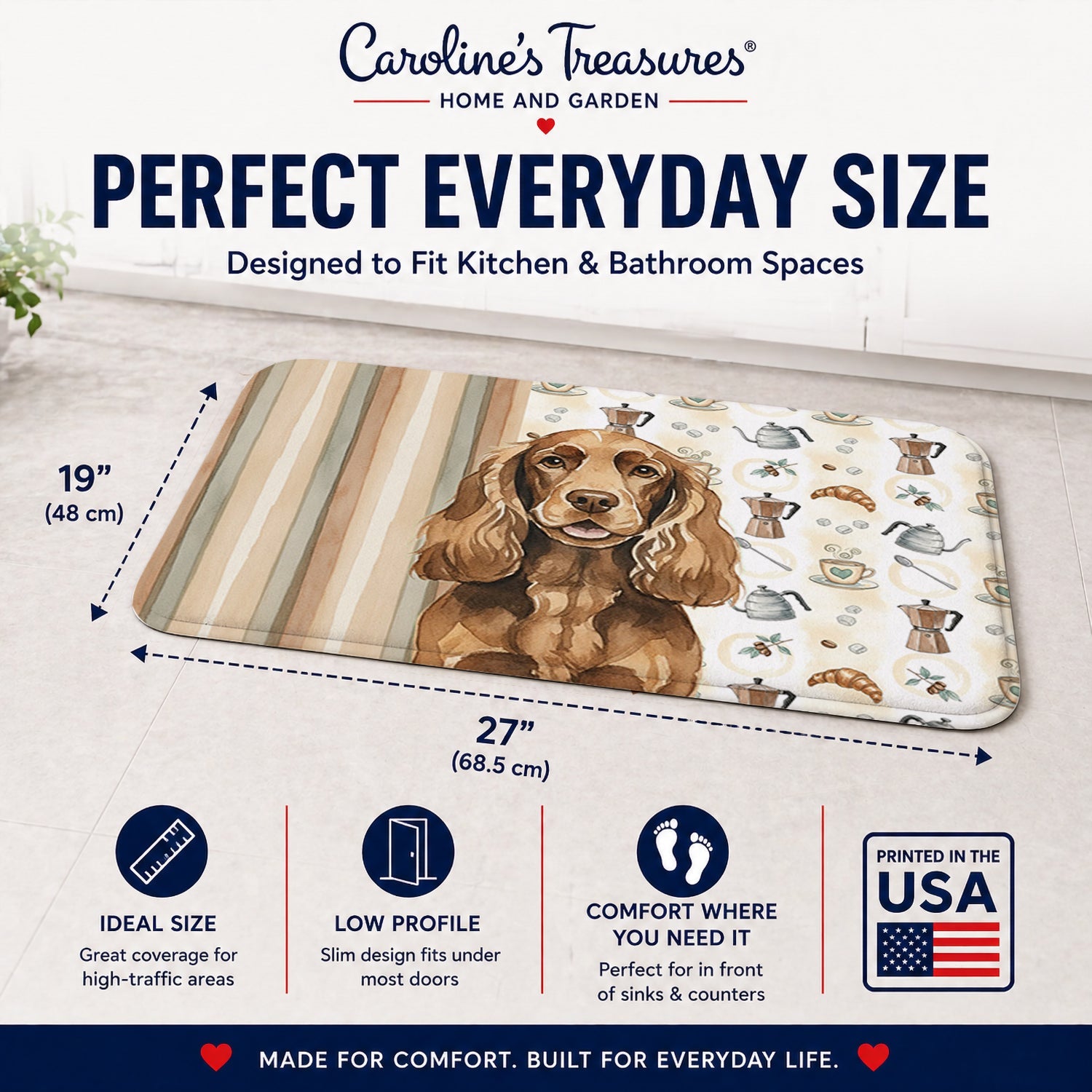 Liver English Cocker Spaniel Coffee Bar Memory Foam Kitchen Mat Machine Washable Anti-Fatigue Cushion Comfort Bath or Kitchen Rug