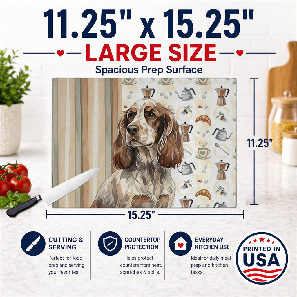 Liver Roan English Cocker Spaniel Coffee Bar Cutting Board Tempered Glass Kitchen Cutting Surface, Heat Resistant Chopping, Non-Slip Feet, Food Prep & Serving
