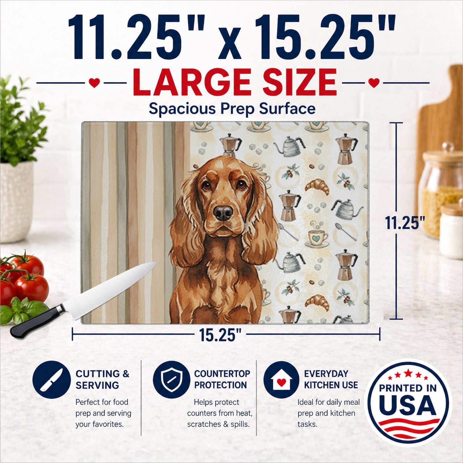 Red English Cocker Spaniel Coffee Bar Cutting Board Tempered Glass Kitchen Cutting Surface, Heat Resistant Chopping, Non-Slip Feet, Food Prep & Serving