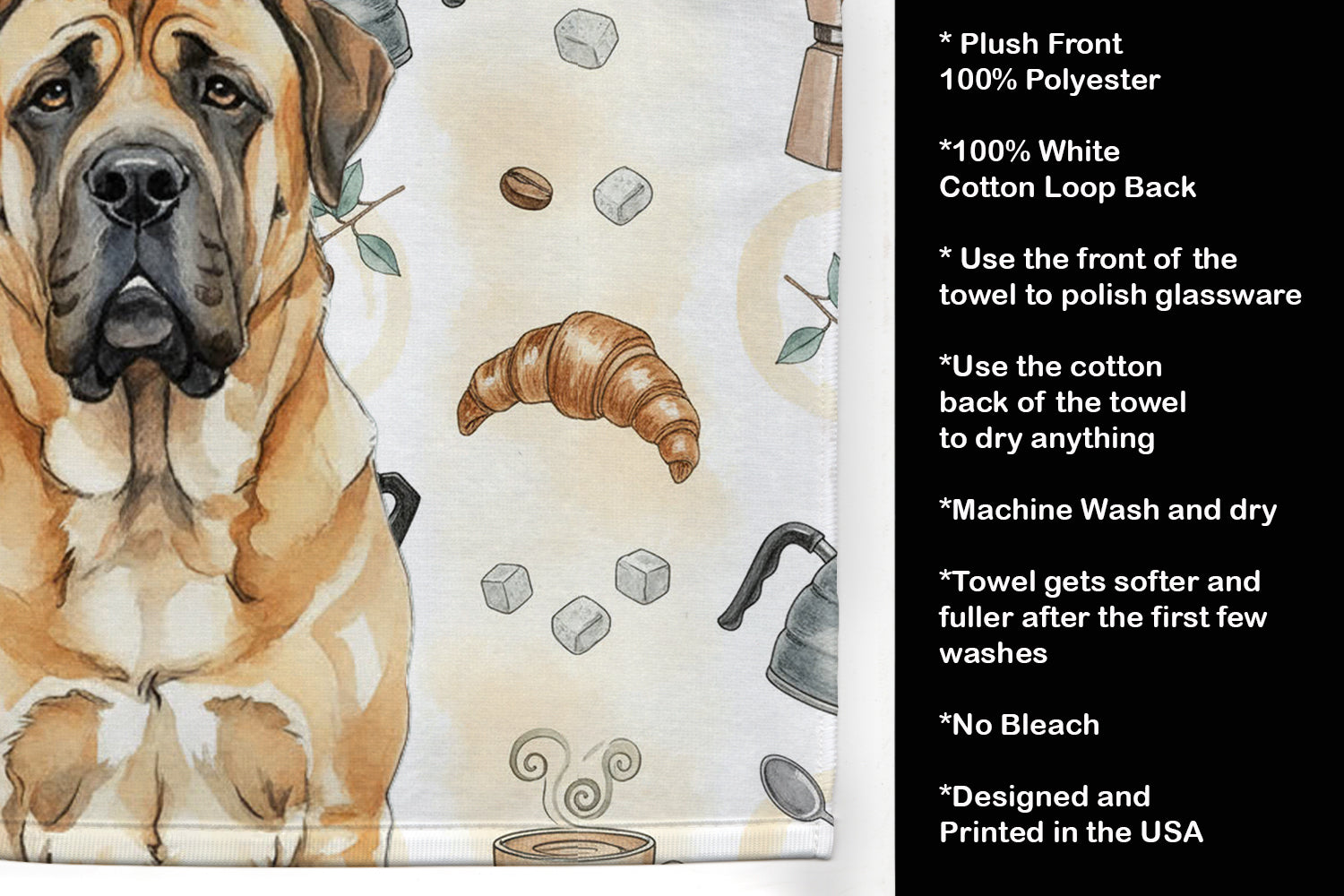 Apricot English Mastiff Coffee Bar Kitchen Towel Velour Plush Front and Cotton Loop Back Machine Washable