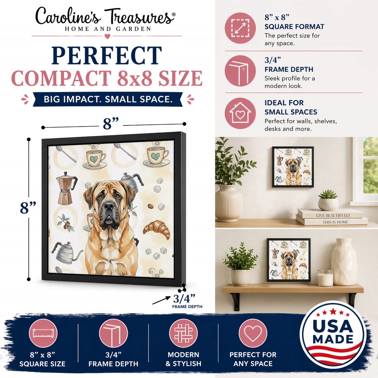 Apricot English Mastiff Coffee Bar Framed Metal Print Bathroom, Kitchen, Office, Home Decor Wall Art Ready to Hang, Square, 8X8