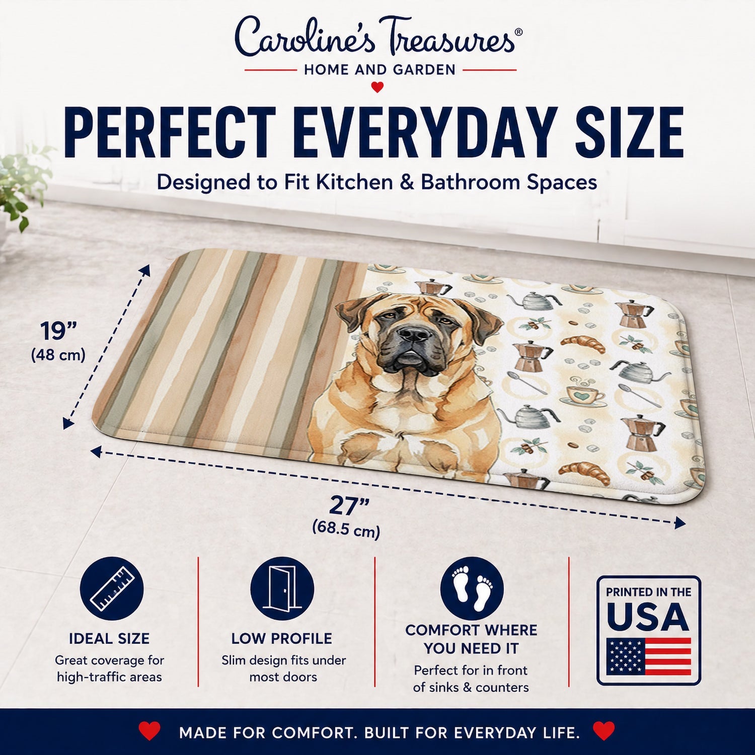 Apricot English Mastiff Coffee Bar Memory Foam Kitchen Mat Machine Washable Anti-Fatigue Cushion Comfort Bath or Kitchen Rug