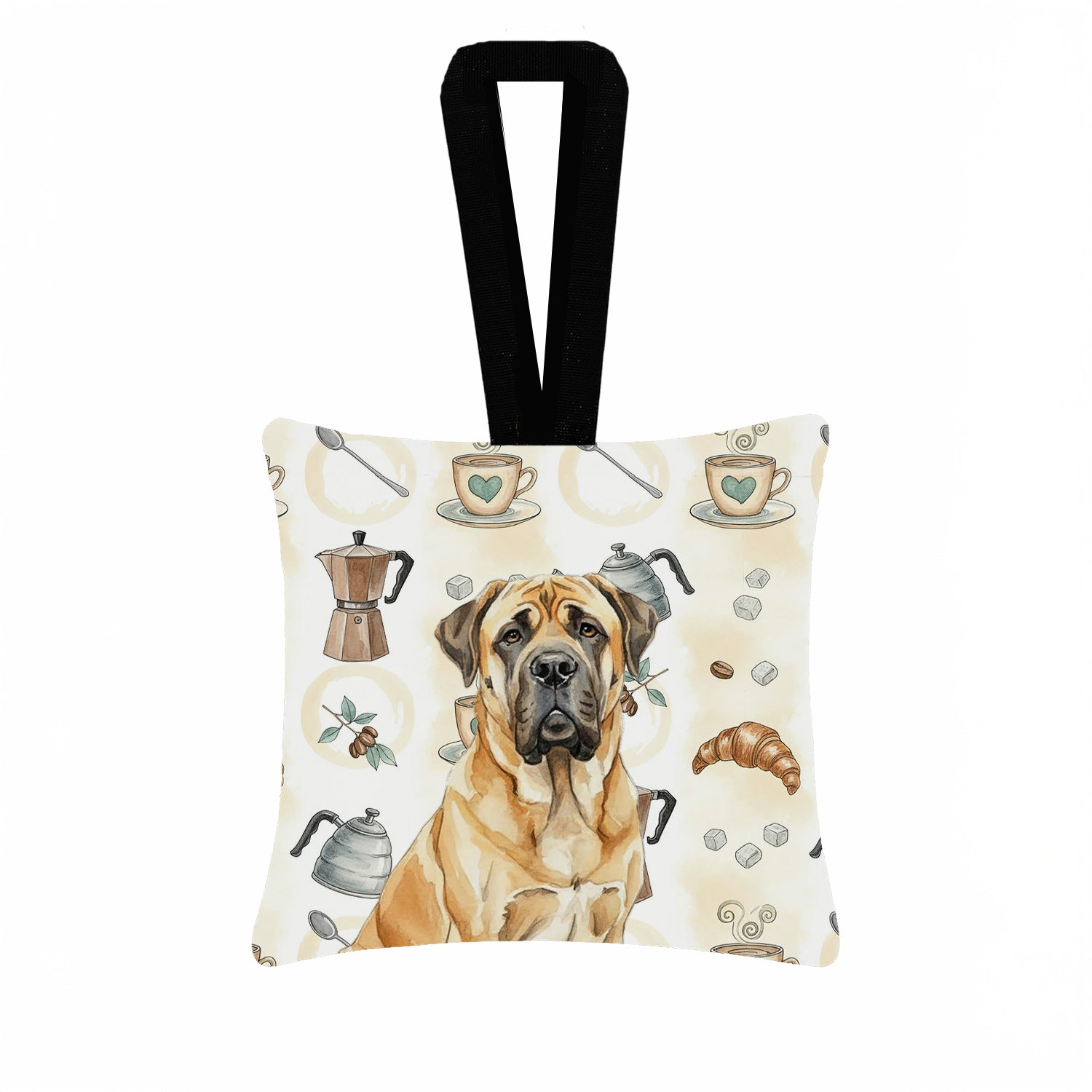 Fawn English Mastiff Coffee Bar Hanging Square Fabric Ornament 3.5 � 3.5 Decorative Door-Knob & Tree Hanger, Soft Fabric