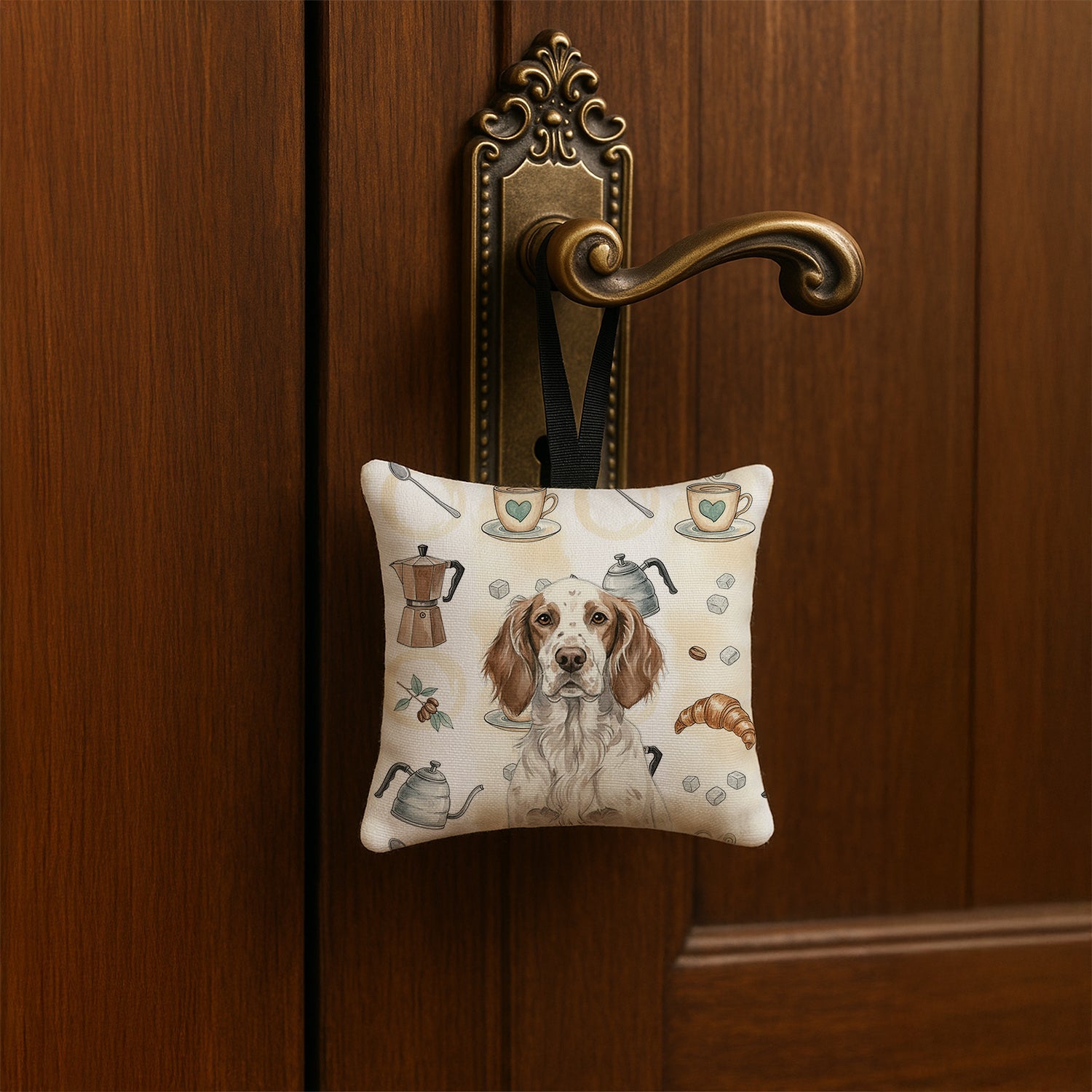 Liver Belton English Setter Coffee Bar Hanging Square Fabric Ornament 3.5 � 3.5 Decorative Door-Knob & Tree Hanger, Soft Fabric