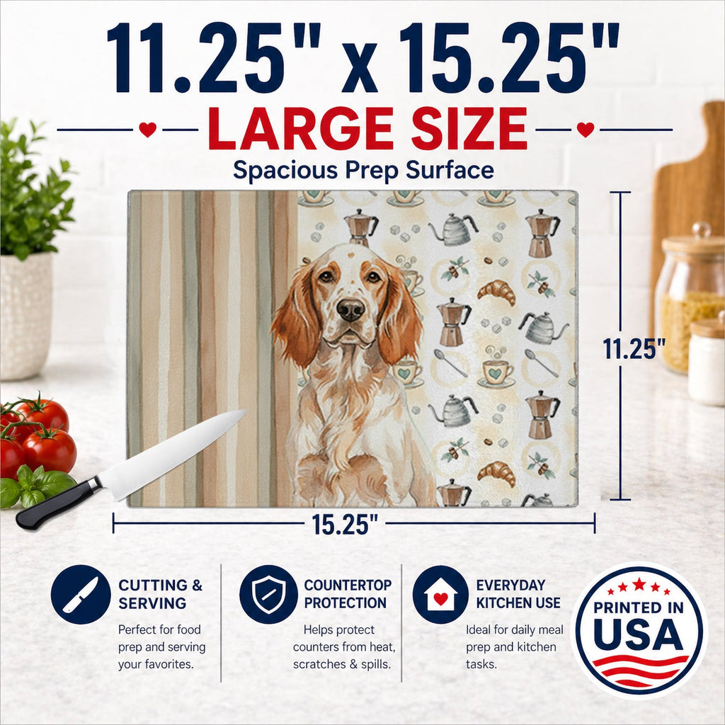 Orange Belton English Setter Coffee Bar Cutting Board Tempered Glass Kitchen Cutting Surface, Heat Resistant Chopping, Non-Slip Feet, Food Prep & Serving