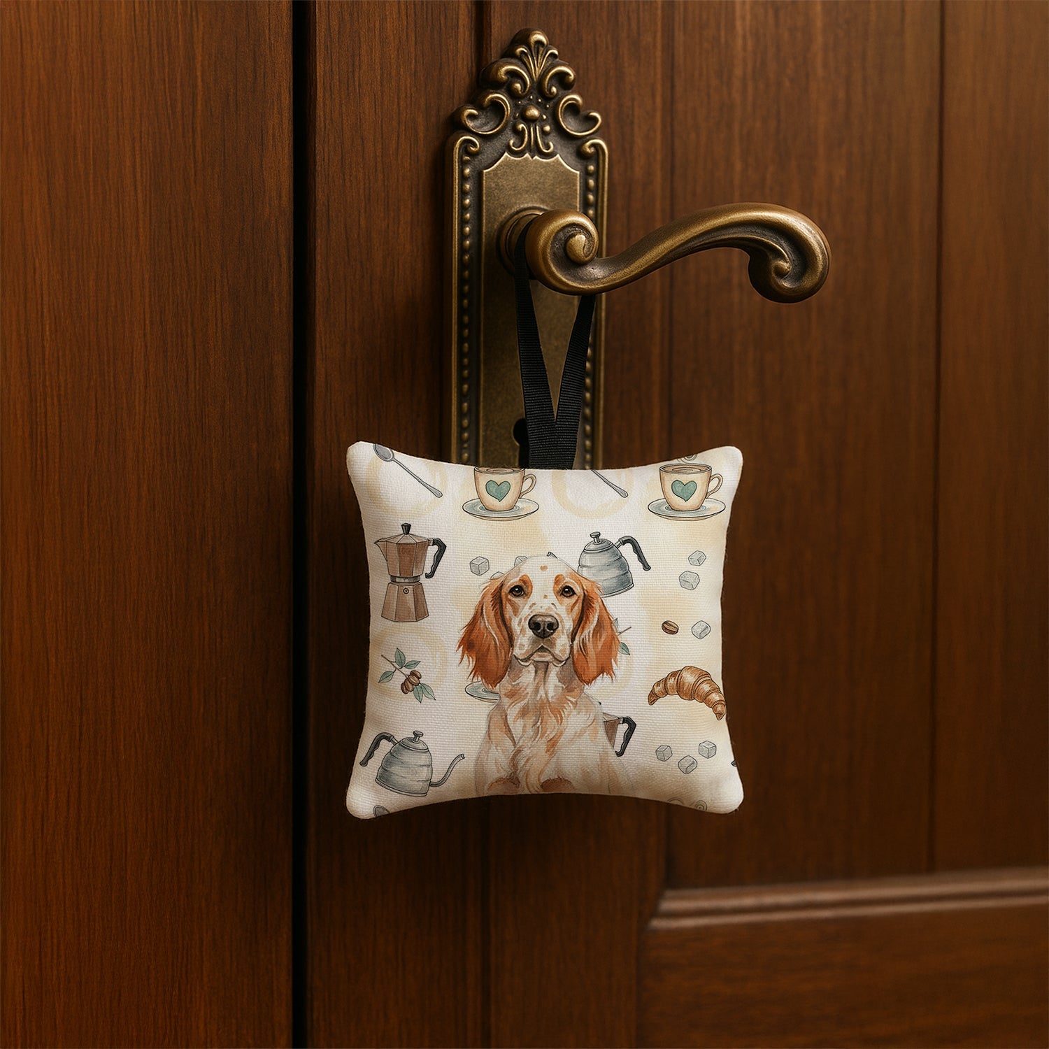 Orange Belton English Setter Coffee Bar Hanging Square Fabric Ornament 3.5 � 3.5 Decorative Door-Knob & Tree Hanger, Soft Fabric