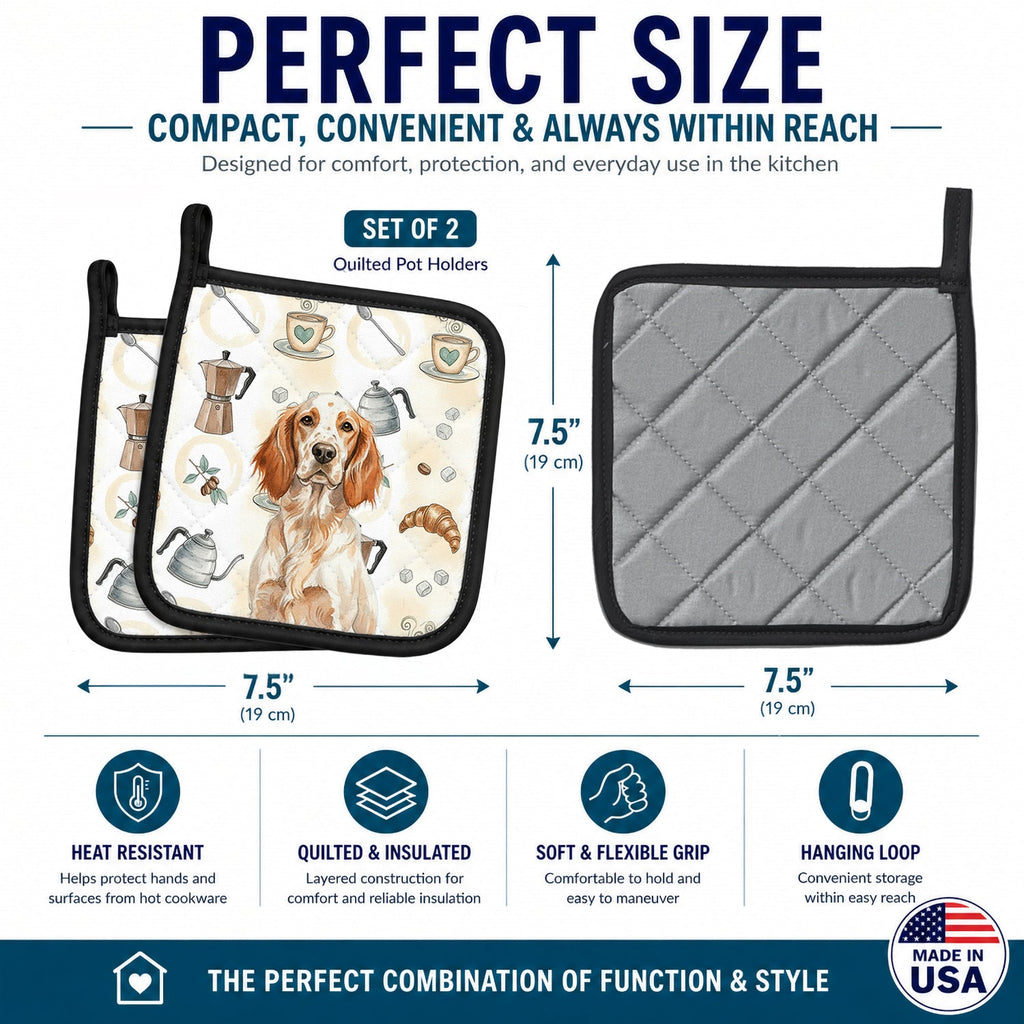 Orange Belton English Setter Coffee Bar Pot Holder Set of 2 Heat Resistant Quilted Hot Pads 7.5 x 7.5 Inch, Insulated Kitchen Trivets for Cooking & Baking