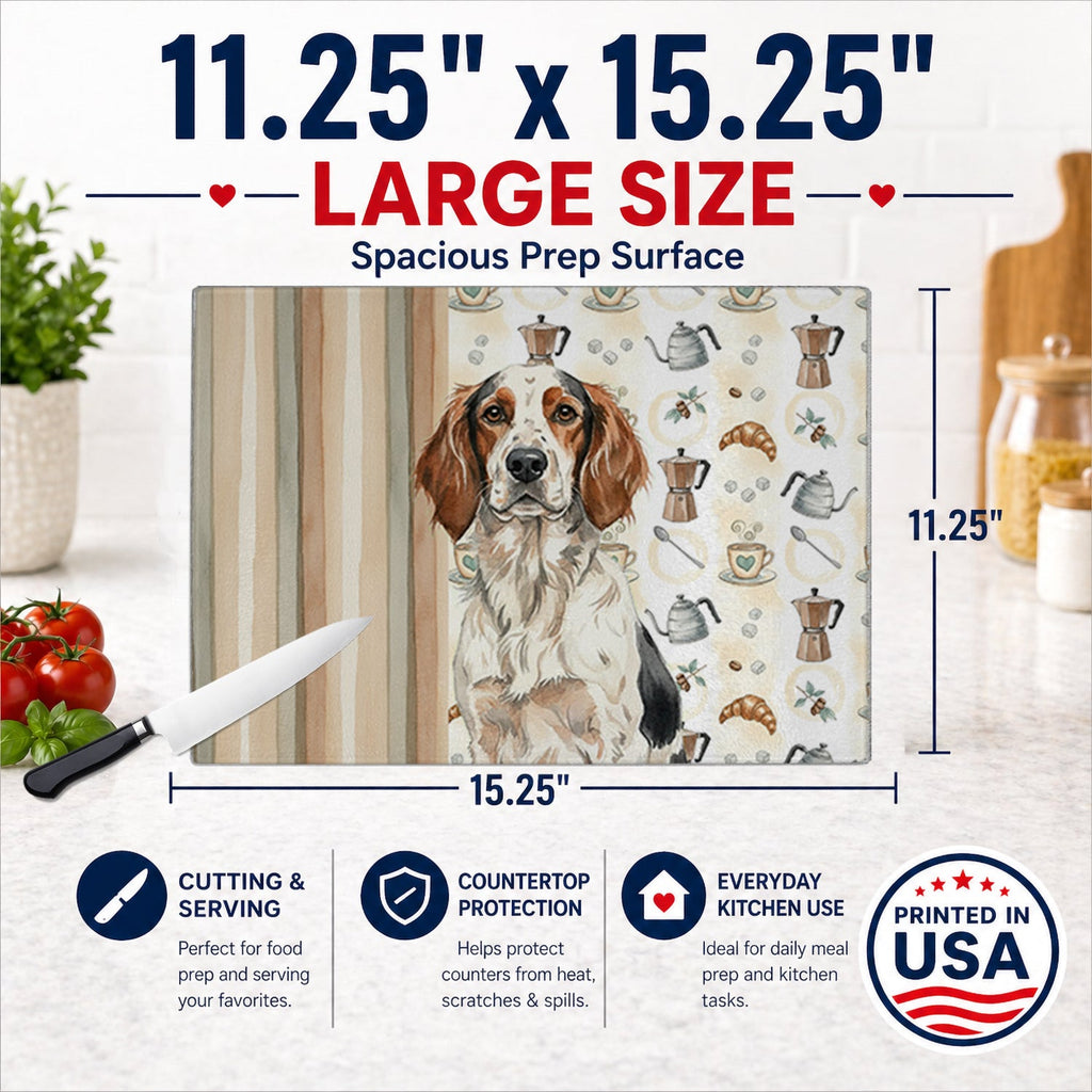 Tricolor English Setter Coffee Bar Cutting Board Tempered Glass Kitchen Cutting Surface, Heat Resistant Chopping, Non-Slip Feet, Food Prep & Serving