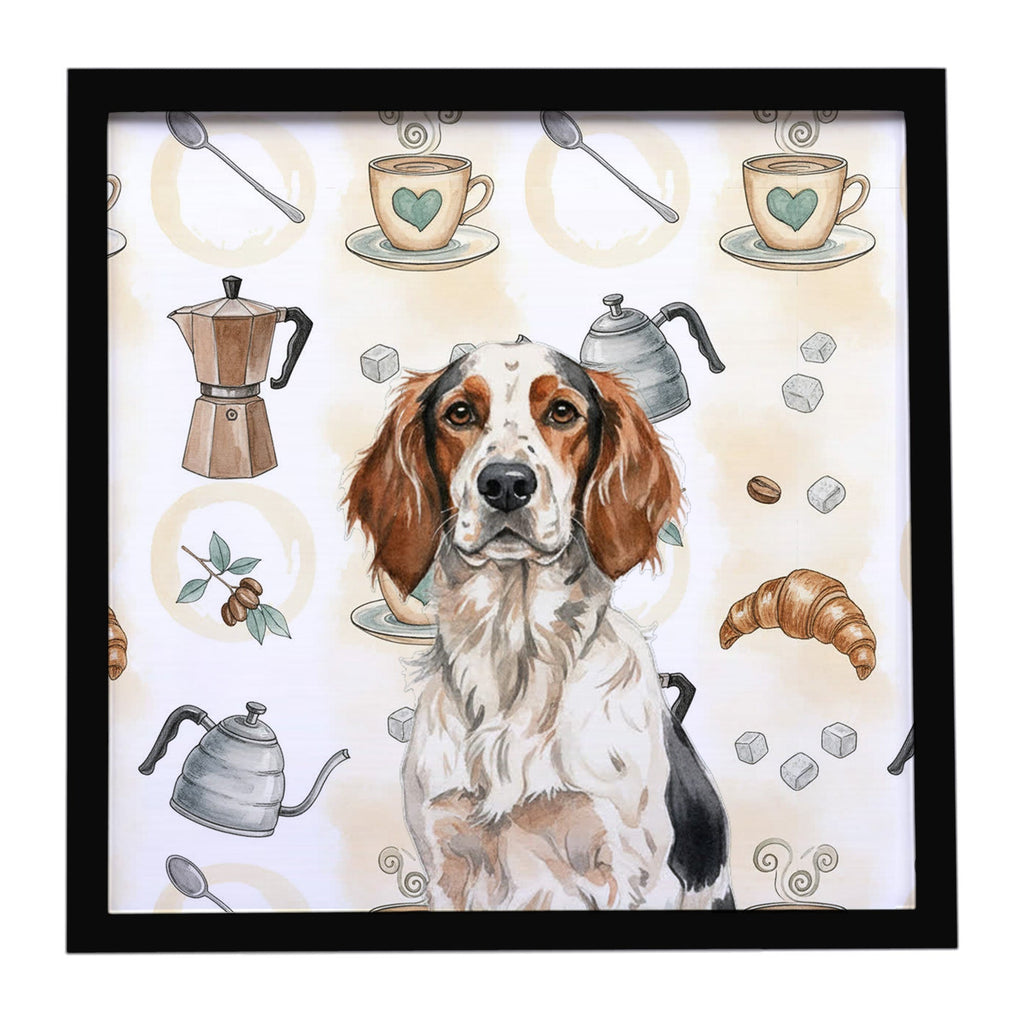 Tricolor English Setter Coffee Bar Framed Metal Print Bathroom, Kitchen, Office, Home Decor Wall Art Ready to Hang, Square, 8X8
